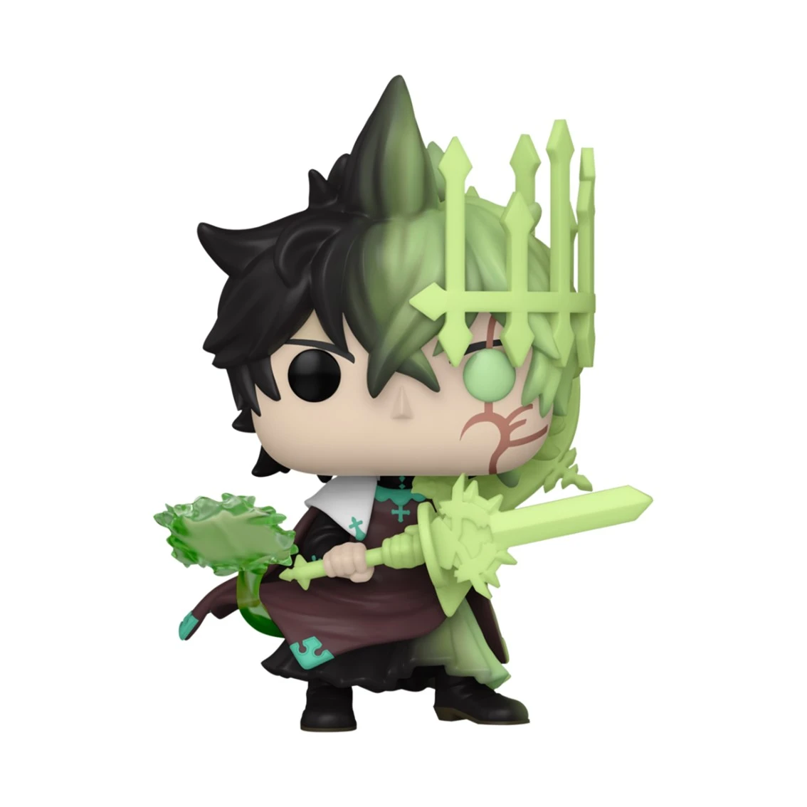 Eine Funko Pop-Figur einer Figur mit schwarz/grünen Haaren, Krone und Schwert. Die Figur trägt eine dunkle Robe und hält eine grüne Waffe.