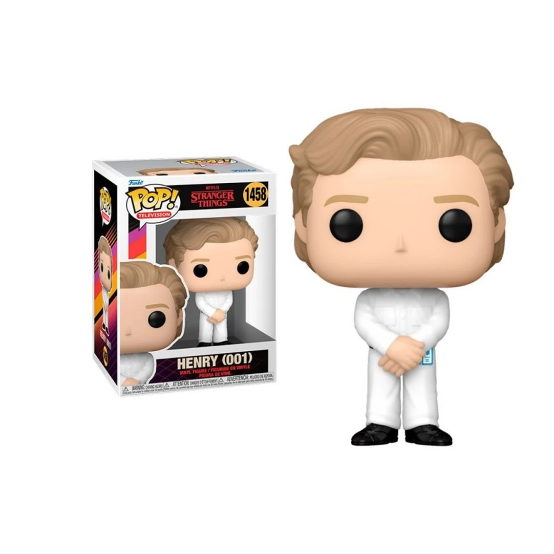 Figurka Funko Pop Henry'ego ze Stranger Things w białym garniturze. Obok pudełko ze zdjęciem figurki.