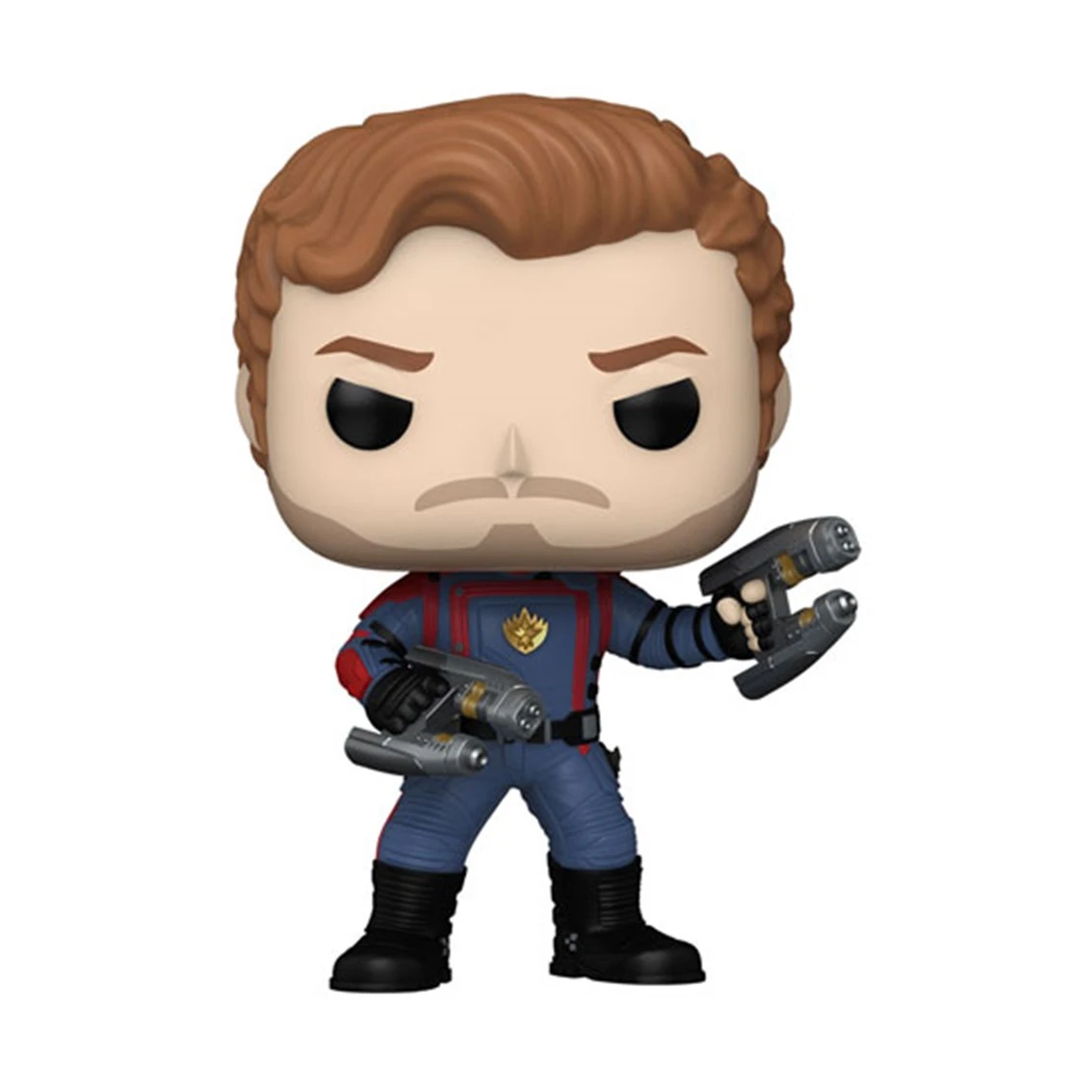Funko Pop-Figur eines Mannes in blauem und rotem Anzug, der zwei Waffen hält. Er hat braune Haare, einen Schnurrbart und schwarze Stiefel.