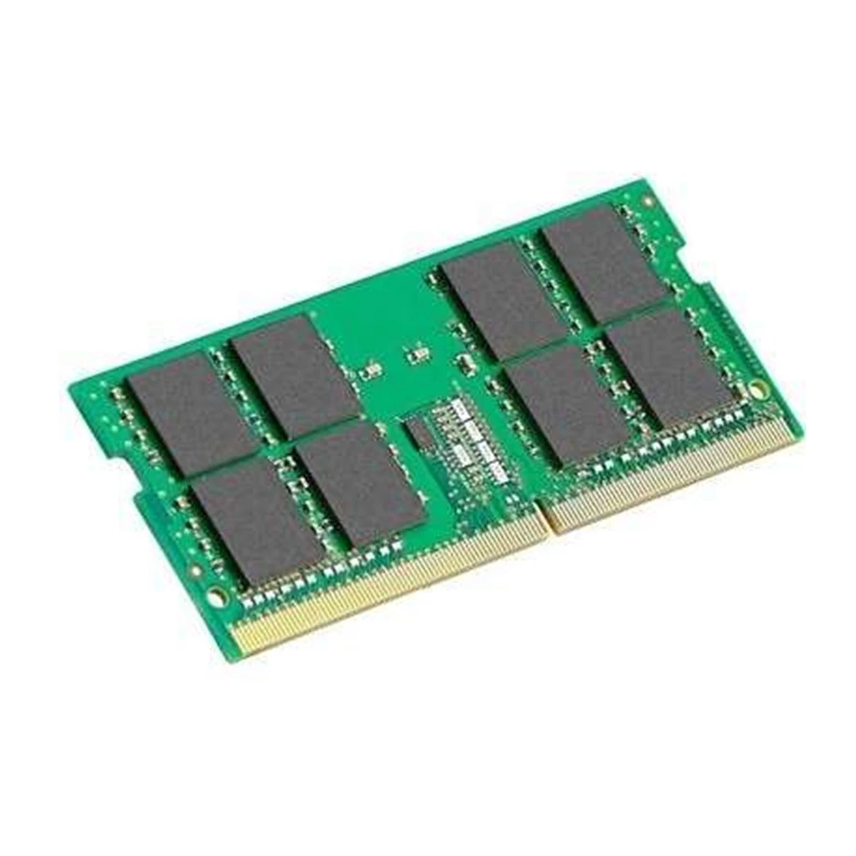 Ein grünes RAM-Modul mit acht dunkelgrauen Chips und goldenen Anschlüssen auf weißem Hintergrund.
