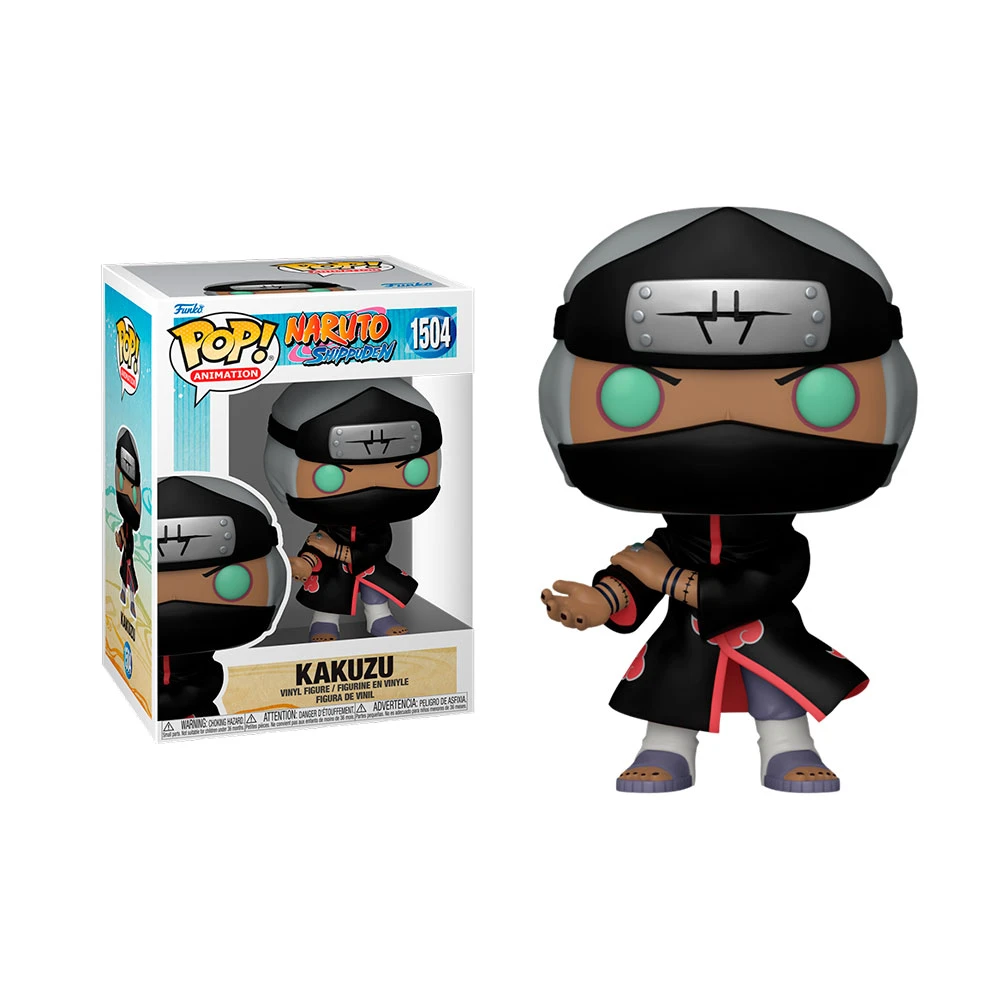 Figura Funko Pop di Kakuzu con maschera nera, elmo grigio, mantello nero Akatsuki e scatola con la stessa figura.