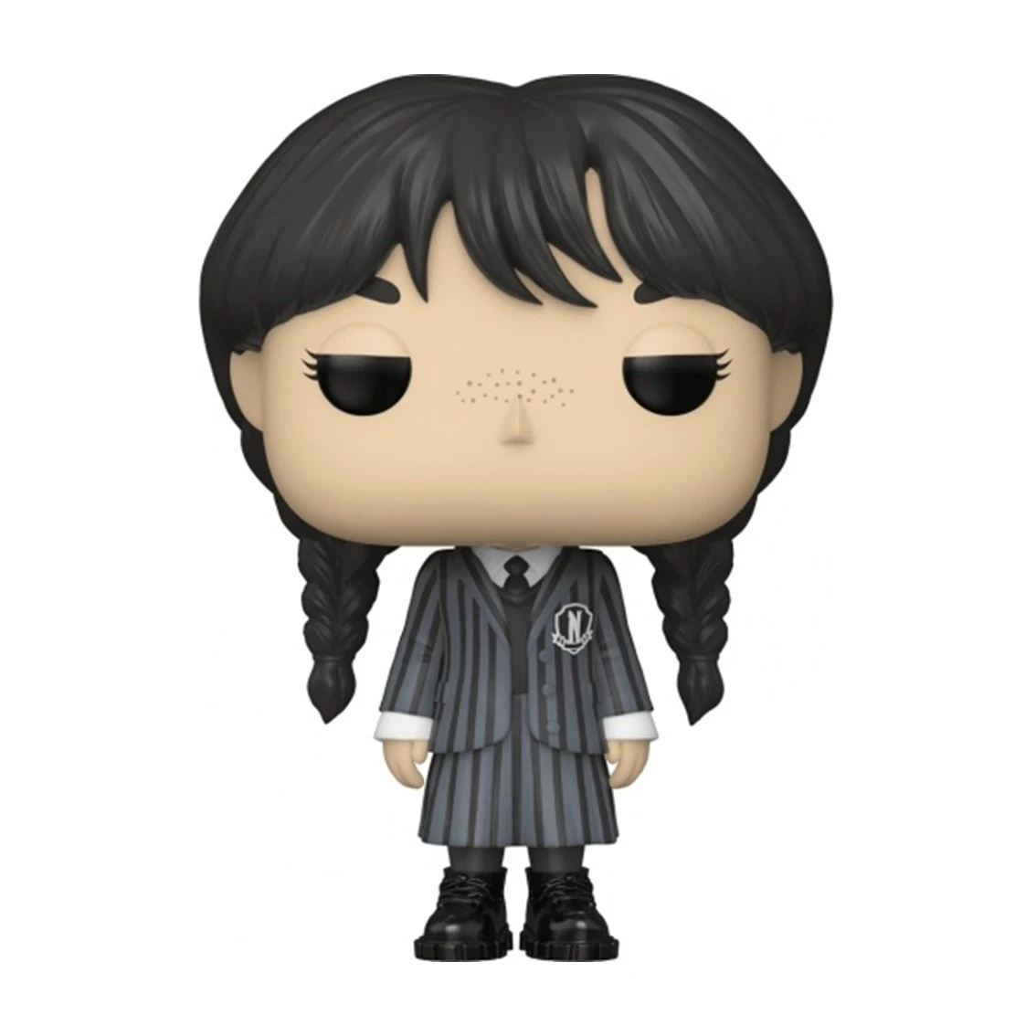Funko Pop-Figur von Wednesday Addams. Sie trägt eine gestreifte graue Uniform mit schwarzer Krawatte, schwarzen Schuhen und Zöpfen.