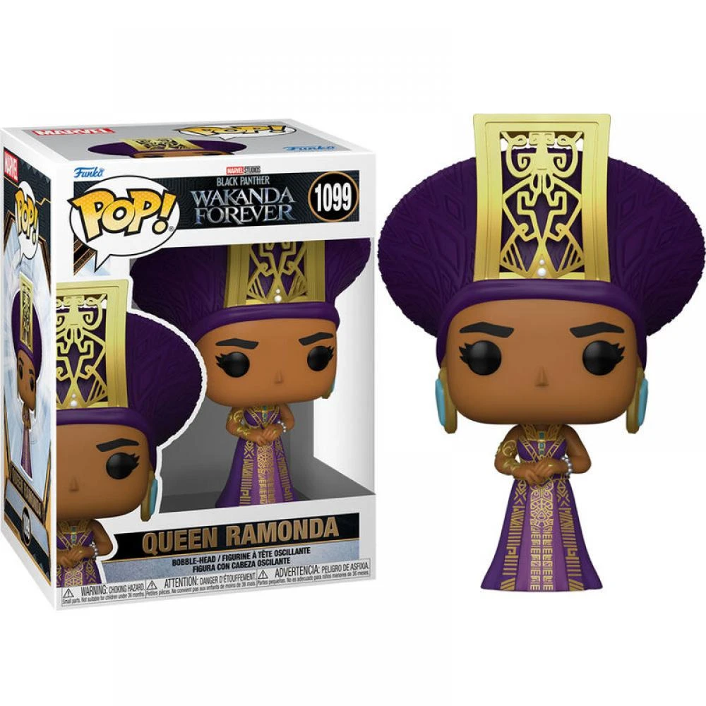 Funko Pop della Regina Ramonda da Black Panther. Indossa un vestito e un copricapo viola con dettagli dorati. Una scatola è a sinistra.