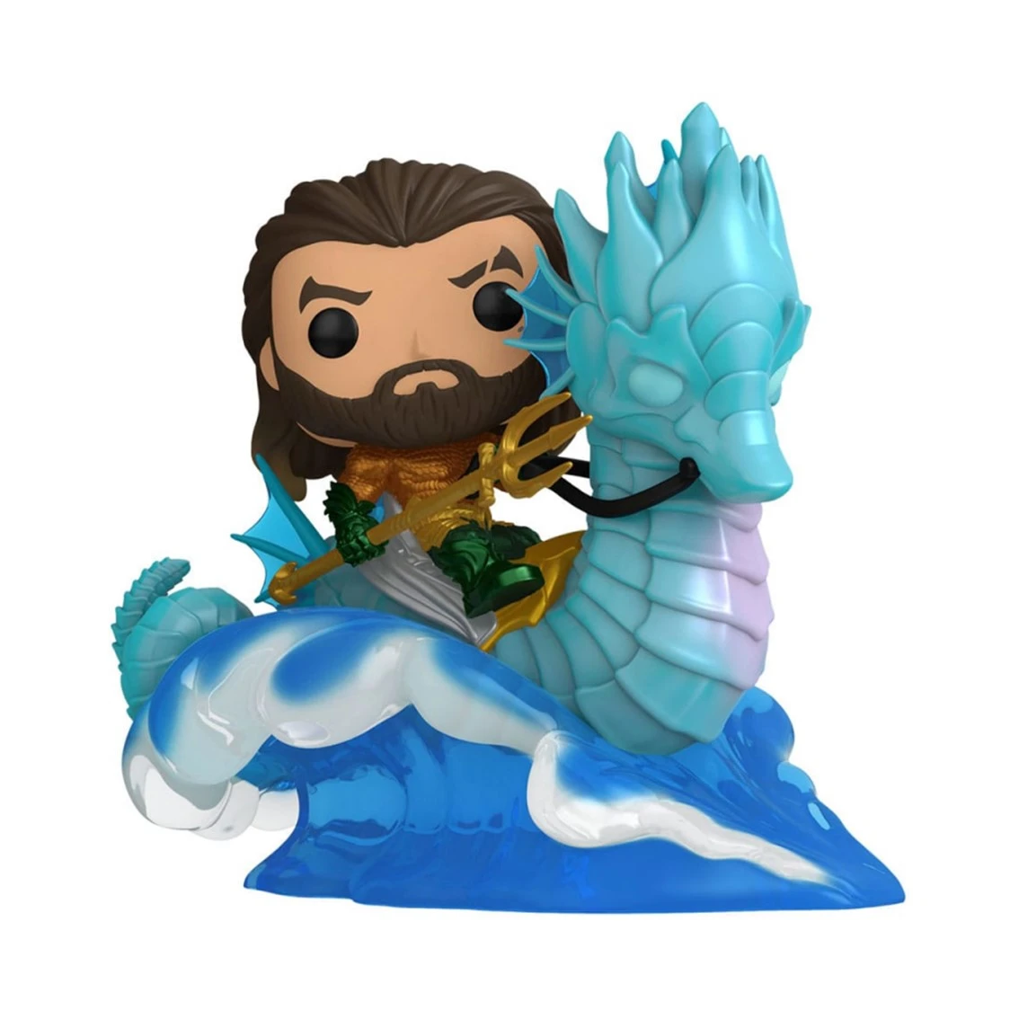 Figura Funko Pop di Aquaman in sella a un cavalluccio marino. La figura tiene in mano un tridente. Il cavalluccio è blu con riflessi perlati.