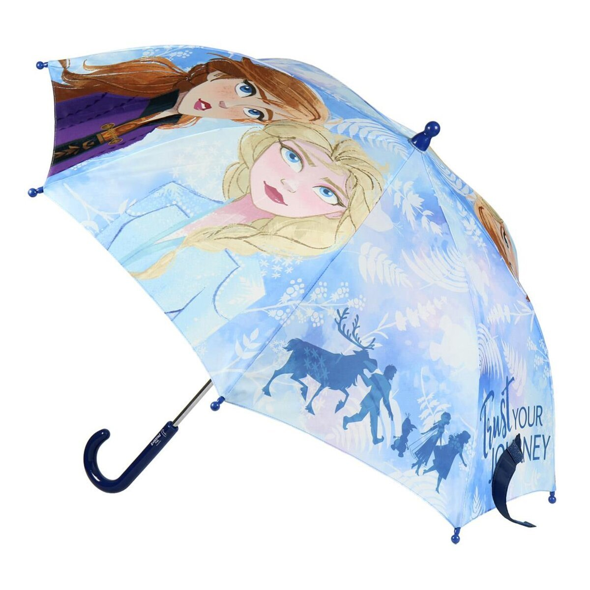 Un paraguas con el tema de Frozen. Presenta a Elsa y Anna, un reno y siluetas de personajes sobre un fondo azul y blanco.
