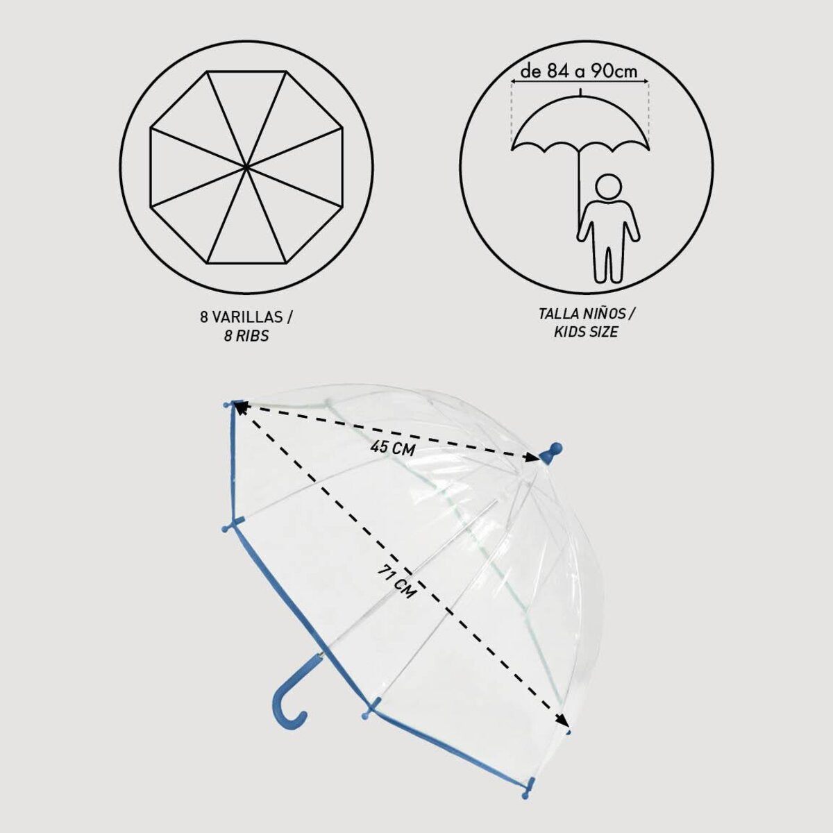 La imagen muestra un paraguas para niños con dimensiones. Incluye diagramas con etiquetas en español e inglés para costillas, tamaño y medidas.