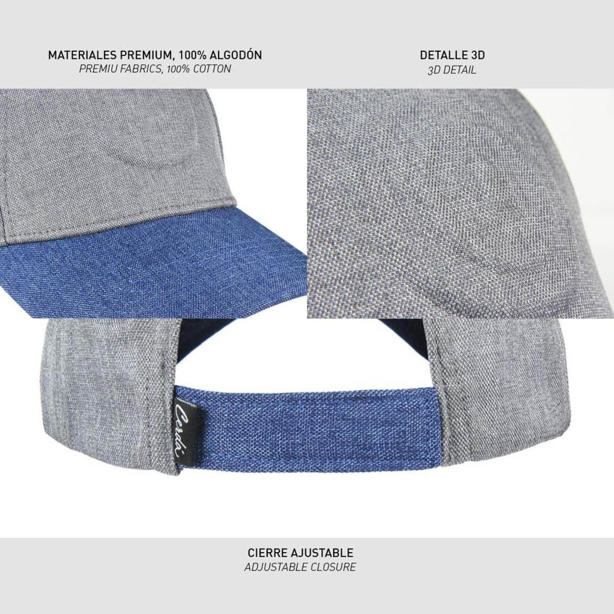 Una gorra de béisbol gris y azul con detalles de texto. La gorra tiene una parte superior gris y una visera azul. Cierre ajustable visible.