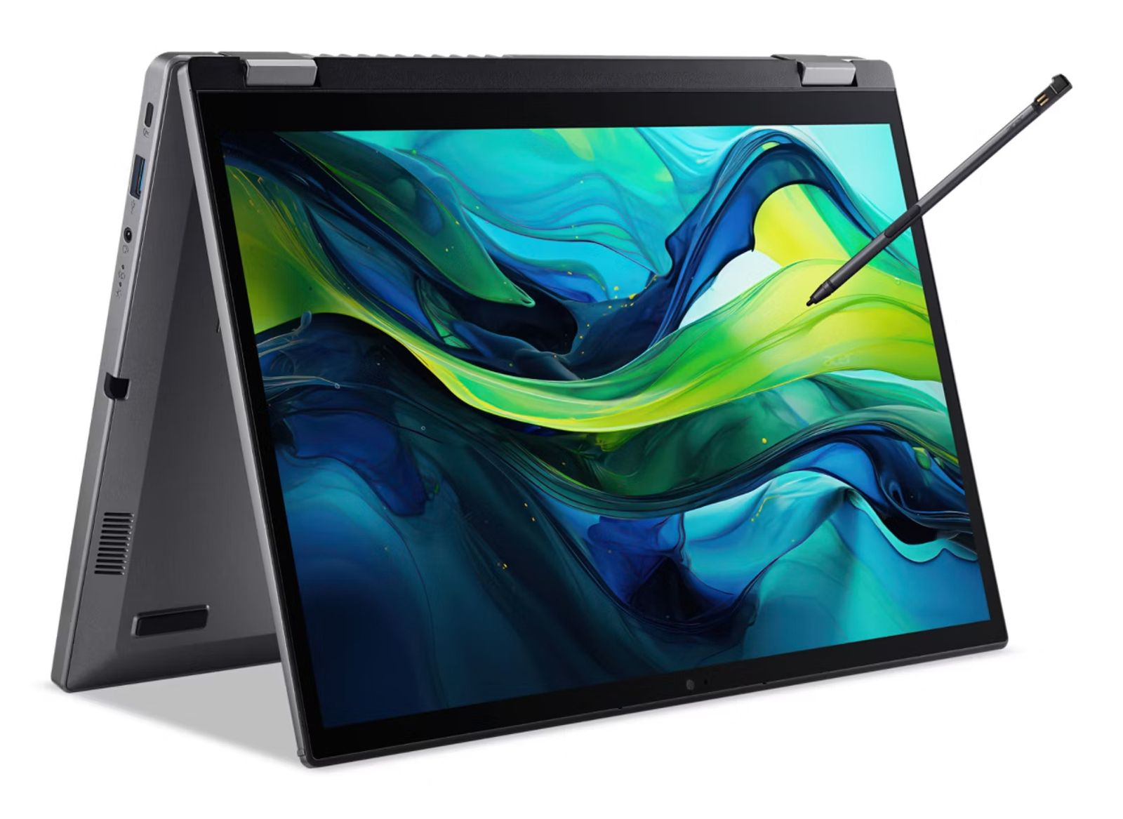 Ein Laptop ist geöffnet, ein Stift schwebt über dem Bildschirm. Der Bildschirm zeigt abstrakte Kunst in Grün und Blau.
