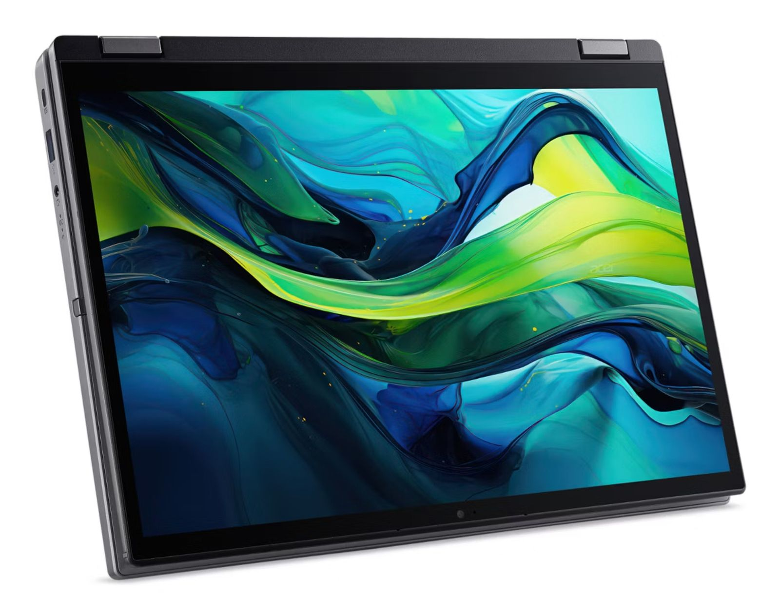 Ein Laptop mit einem Bildschirm, der abstrakte Kunst in Blau, Grün und Gelb zeigt. Der Laptop ist offen und abgewinkelt.