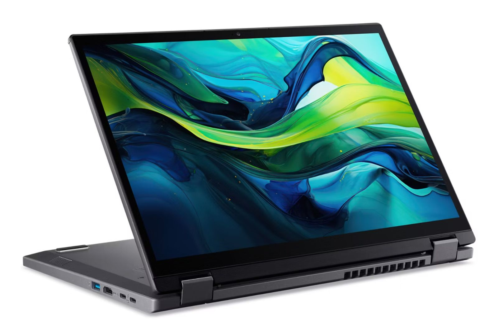 Ein dunkelgrauer Laptop, teilweise geöffnet, mit einem lebendigen abstrakten Design in Blau, Grün und Gelb vor weißem Hintergrund.