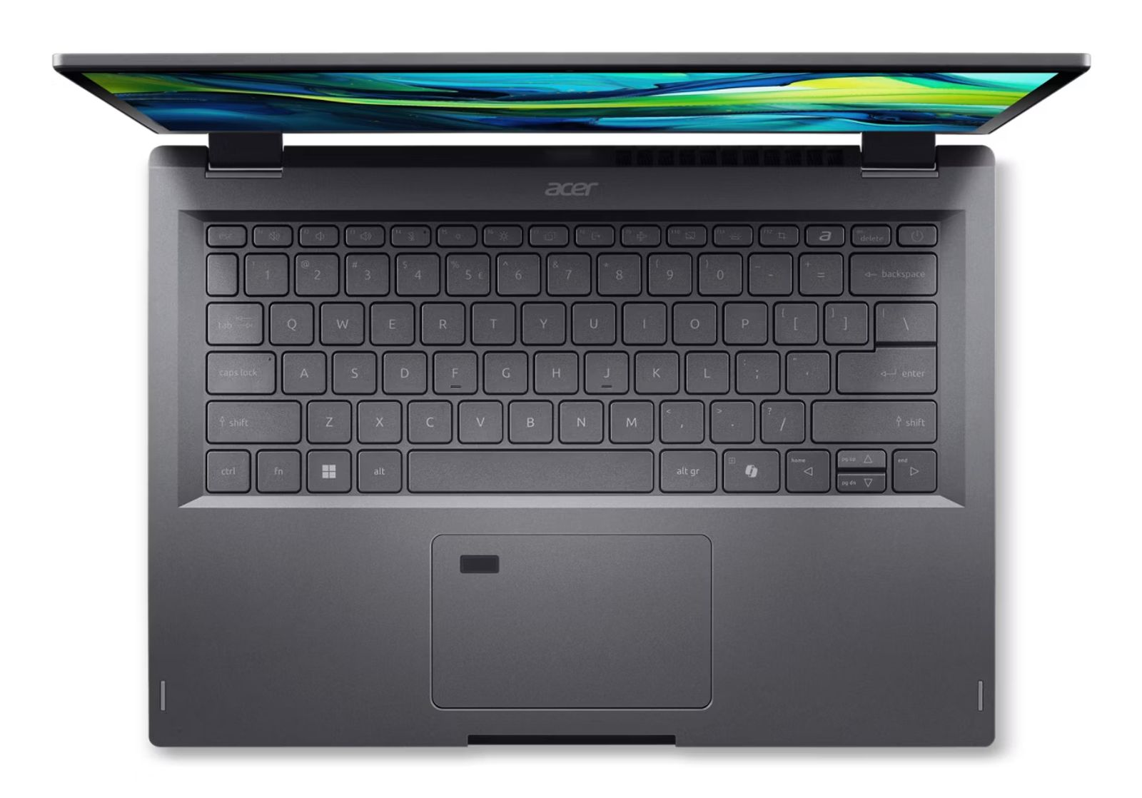 Draufsicht auf einen Acer-Laptop. Der Bildschirm ist geöffnet. Tastatur, Touchpad und das Acer-Logo sind sichtbar.