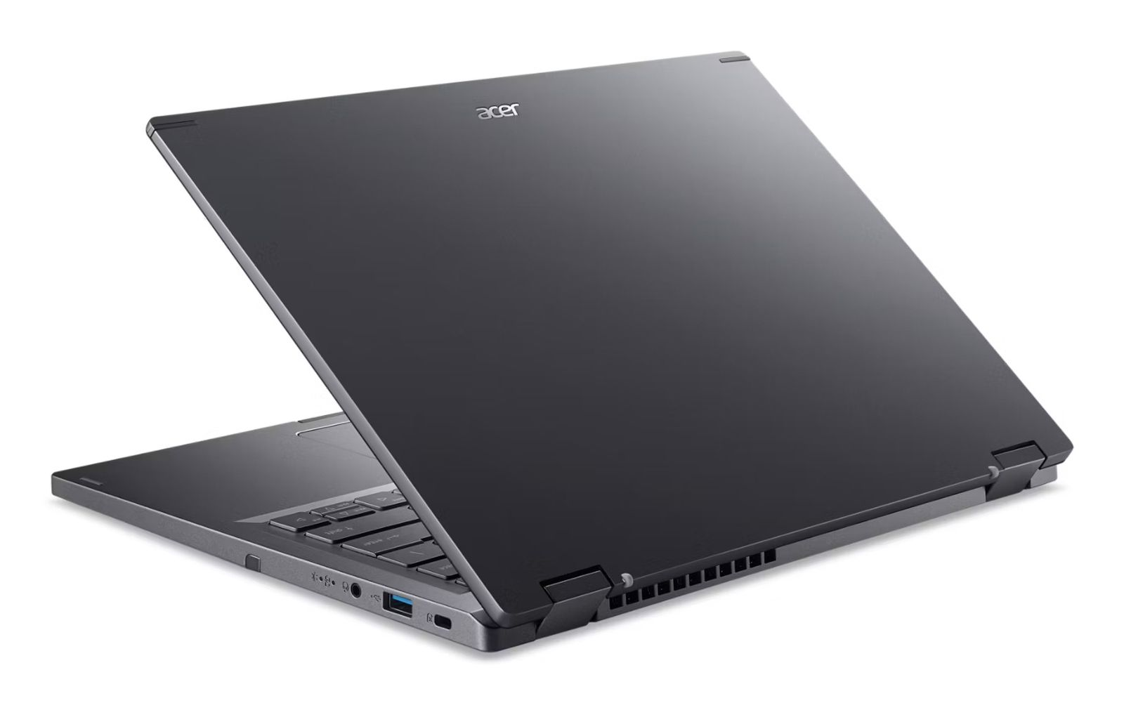Ein dunkelgraues Acer-Laptop ist leicht geöffnet. Das Acer-Logo ist sichtbar. Tastatur und Anschlüsse sind detailliert. Der Hintergrund ist weiß.