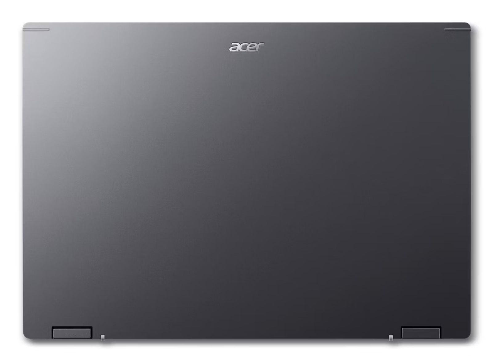 Ein dunkelgrauer Laptop, geschlossen, mit dem Acer-Logo. Ecken haben Scharniere. Der Hintergrund ist weiß.
