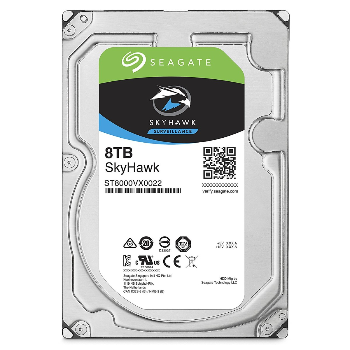 Seagate SkyHawk 8TB harde schijf. Zilveren metalen behuizing met groen, blauw en zwart label. Tekst bevat '8TB SkyHawk' en logo's.