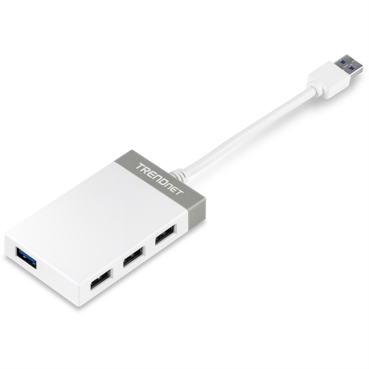 Ein weiß-grauer Trendnet USB-Hub mit weißem Kabel und USB-Anschluss. Es hat vier USB-Anschlüsse an der Seite.