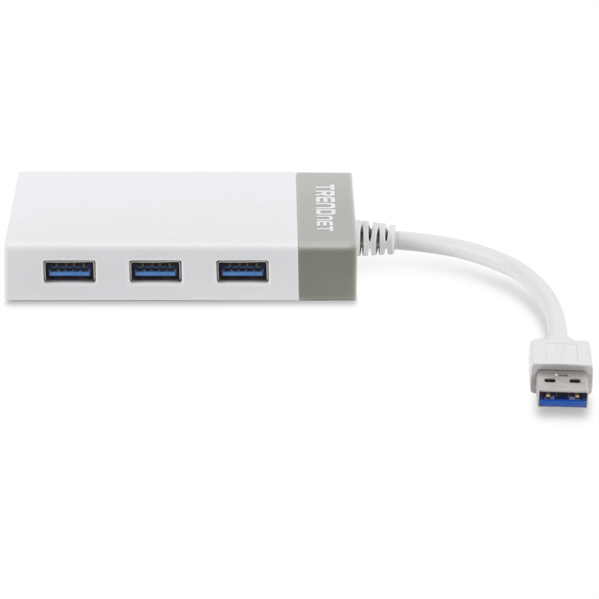 Ein weiß-grauer USB-Hub mit vier Anschlüssen wird angezeigt. Der Hub hat ein weißes Gehäuse, ein graues Ende und ein weißes USB-Kabel. Der Hintergrund ist weiß.