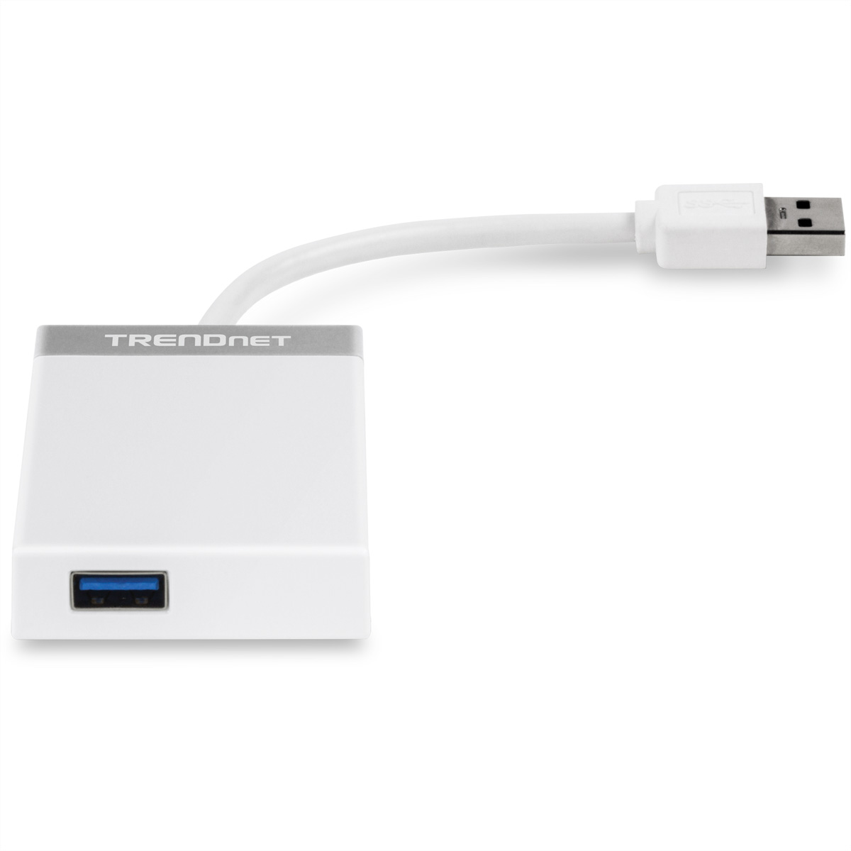 Ein weißer Trendnet USB-Adapter mit grauem Oberteil und blauem USB-Anschluss. Ein weißes Kabel führt zu einem USB-Stecker.