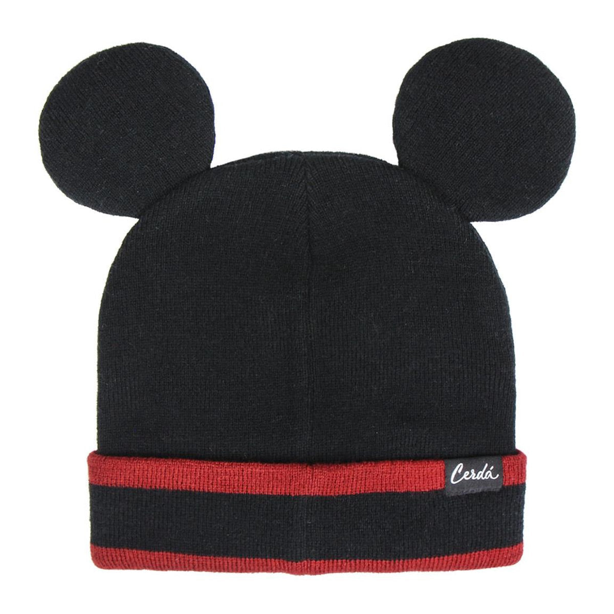 Gorro negro con rayas rojas y orejas de Mickey Mouse. Presenta la marca 'Cerdá'. El gorro tiene un fondo blanco.