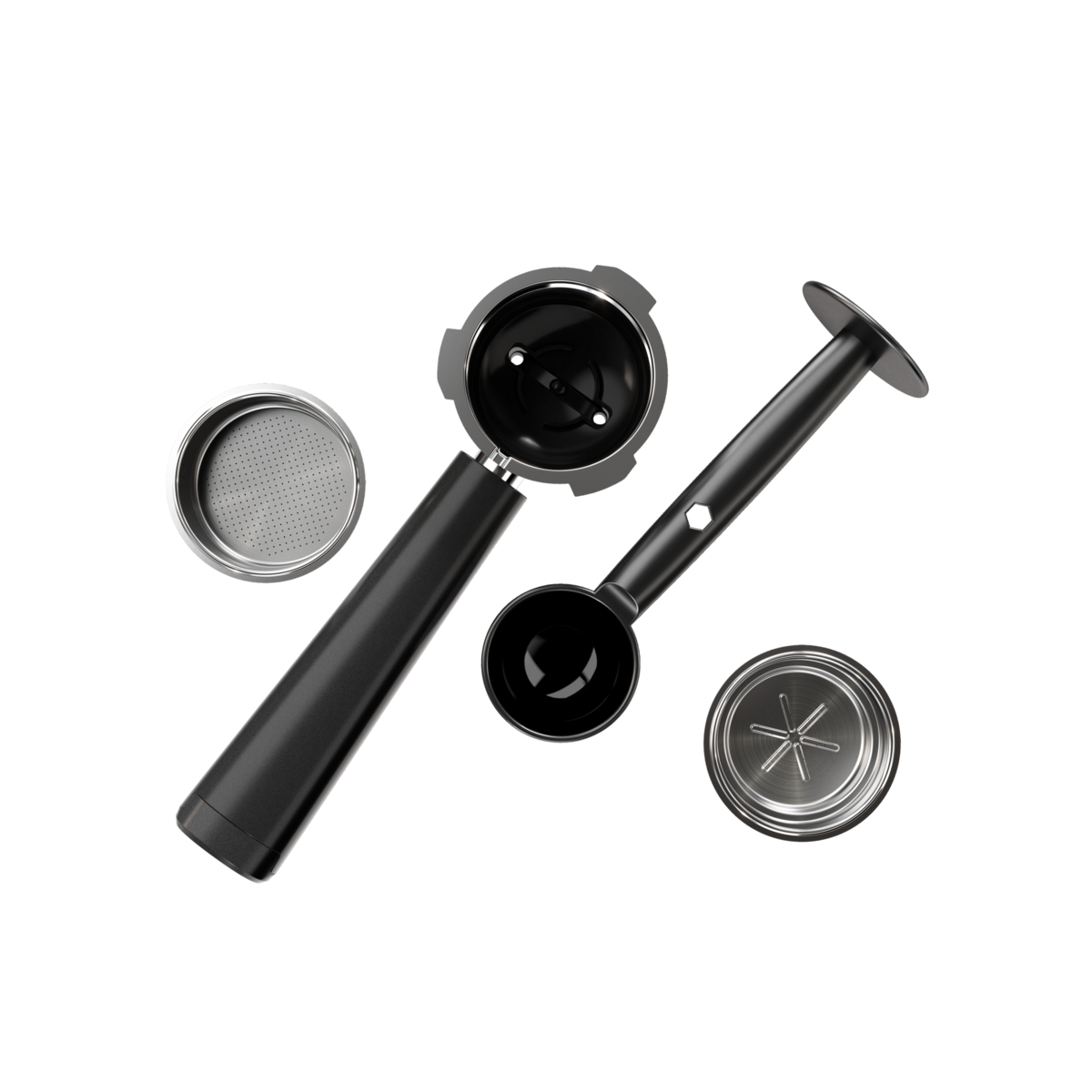 Beyaz zemin üzerinde siyah kahve makinesi parçaları. Portafiltre, kepçe ve diğer iki bileşeni içerir, hepsi izole edilmiştir.