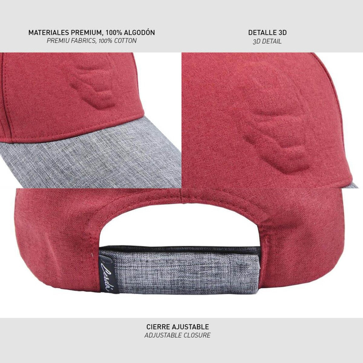 Primer plano de una gorra de béisbol roja y gris con detalles 3D. La gorra es de algodón premium y tiene un cierre ajustable.