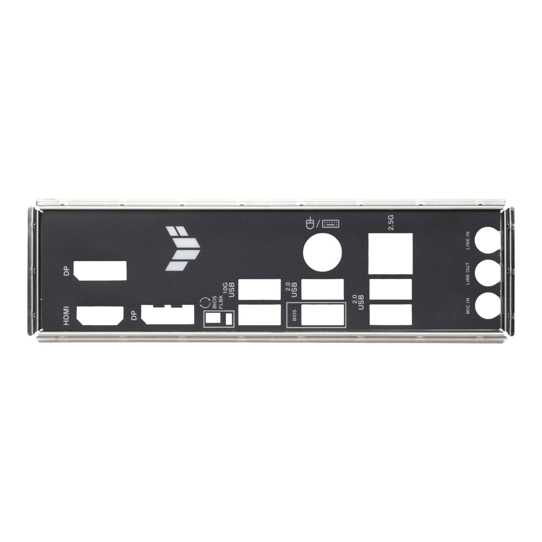 Un panneau de carte mère noir avec des marquages blancs. Il possède des ports HDMI, DP, USB et des prises audio. Le panneau est bordé d'un cadre métallique.