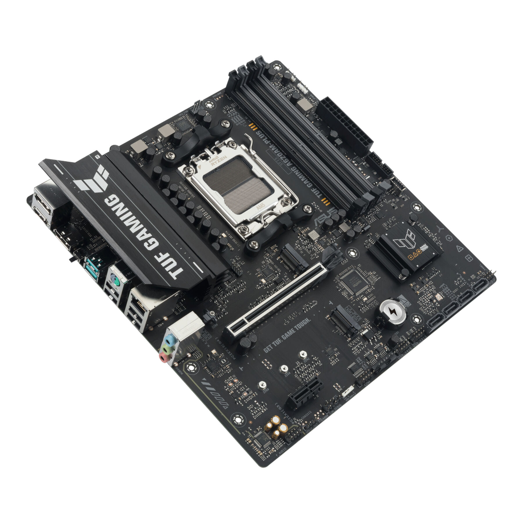 Une carte mère noire ASUS TUF GAMING A620AM-PLUS III sur fond blanc. Elle comporte divers composants et connecteurs.