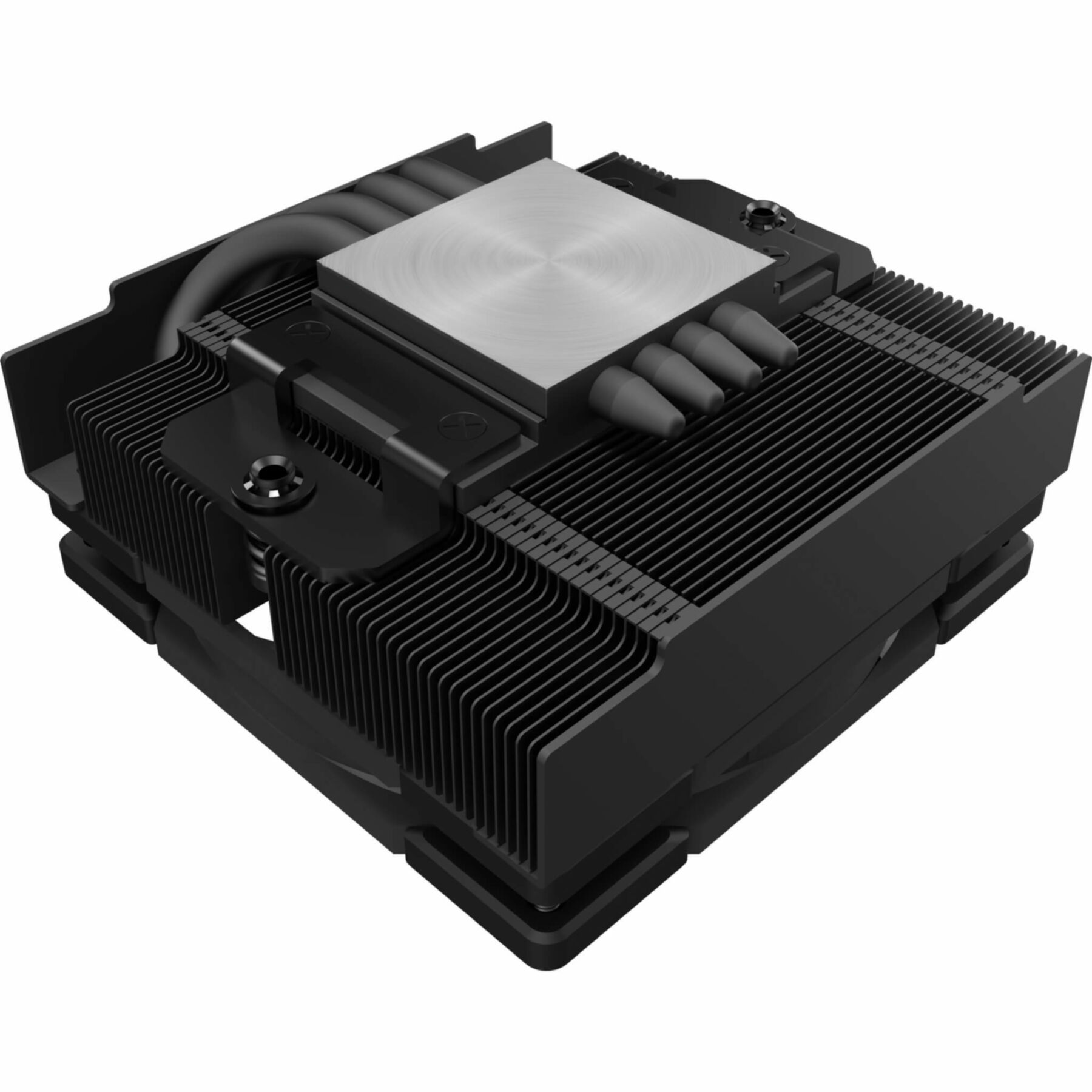 Un refroidisseur de CPU noir avec un dessus argenté. Il possède des dissipateurs thermiques et des tubes. Le fond est blanc.