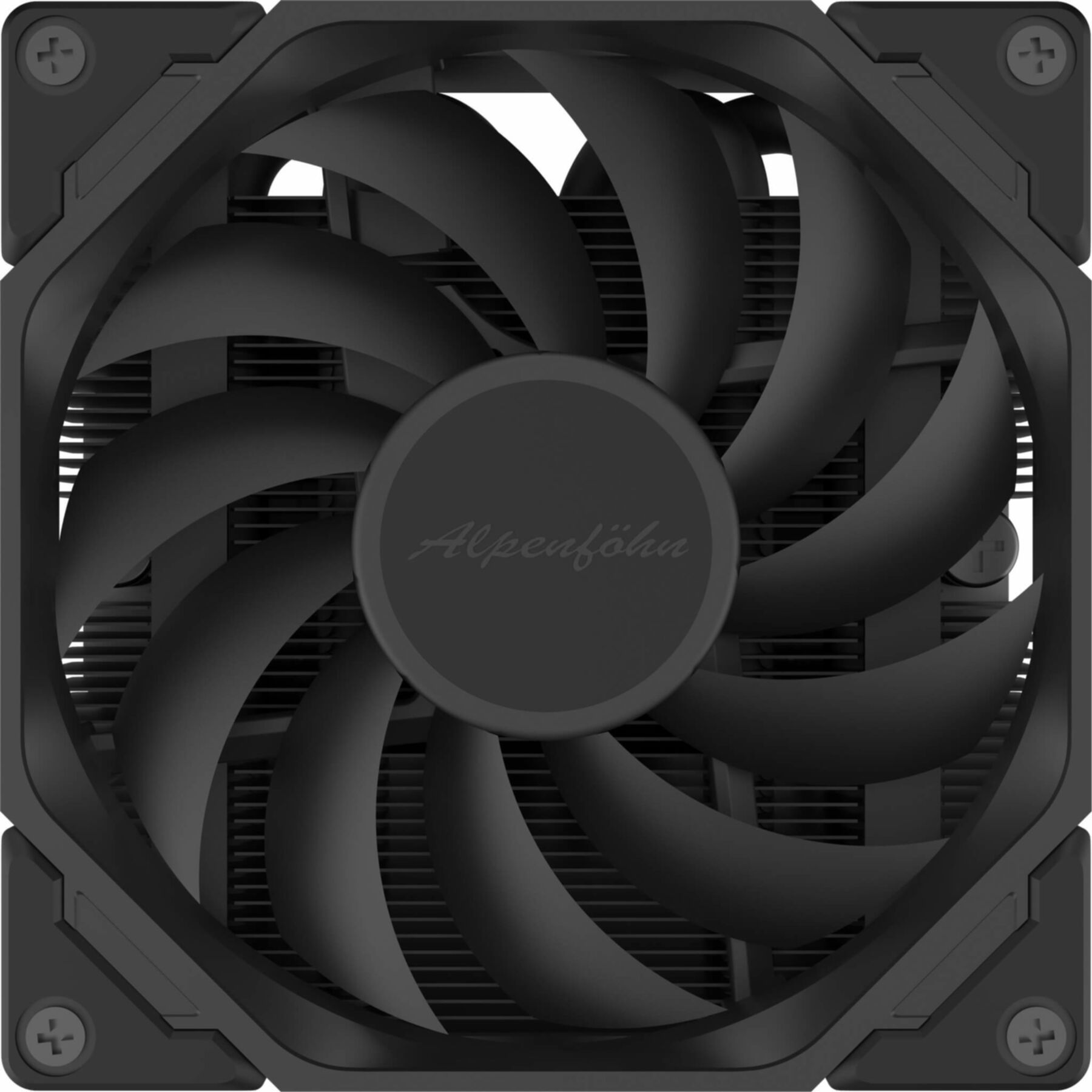 Ventilateur d'ordinateur noir avec pales incurvées et logo central. Vis fixent le cadre.