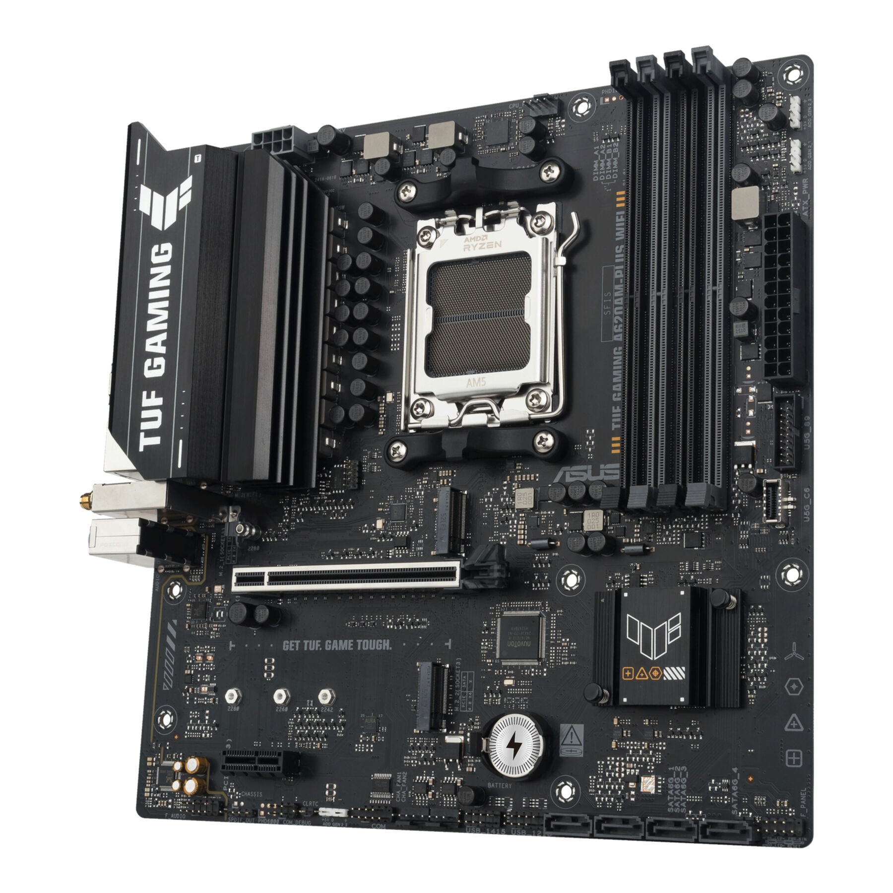 Siyah ASUS TUF GAMING A620M-PLUS WIFI III anakart, bileşenler, Ryzen CPU yuvası ve markalaşma ile.