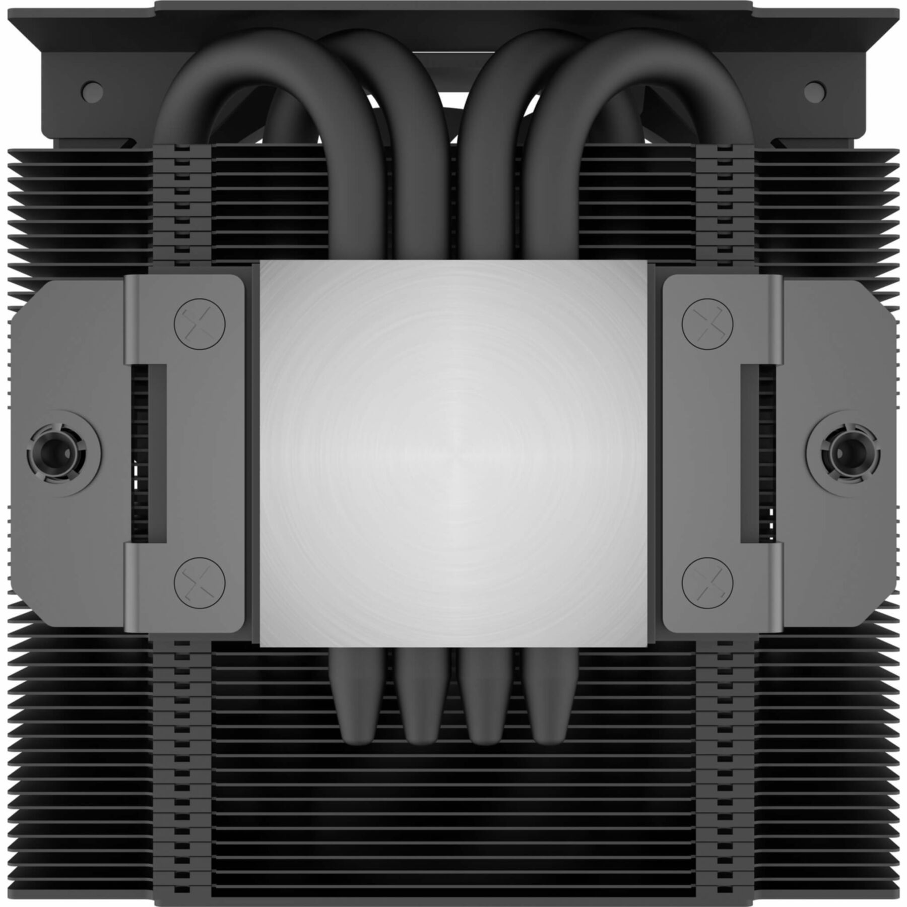 Vue de dessus d'un refroidisseur de CPU. Il est gris et noir avec plusieurs ailettes, tubes et une plaque centrale.