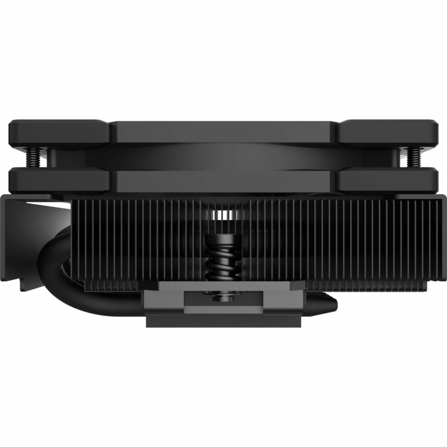Un refroidisseur de CPU noir avec des ailettes de dissipateur thermique, un ventilateur et du matériel de montage est isolé sur fond blanc.