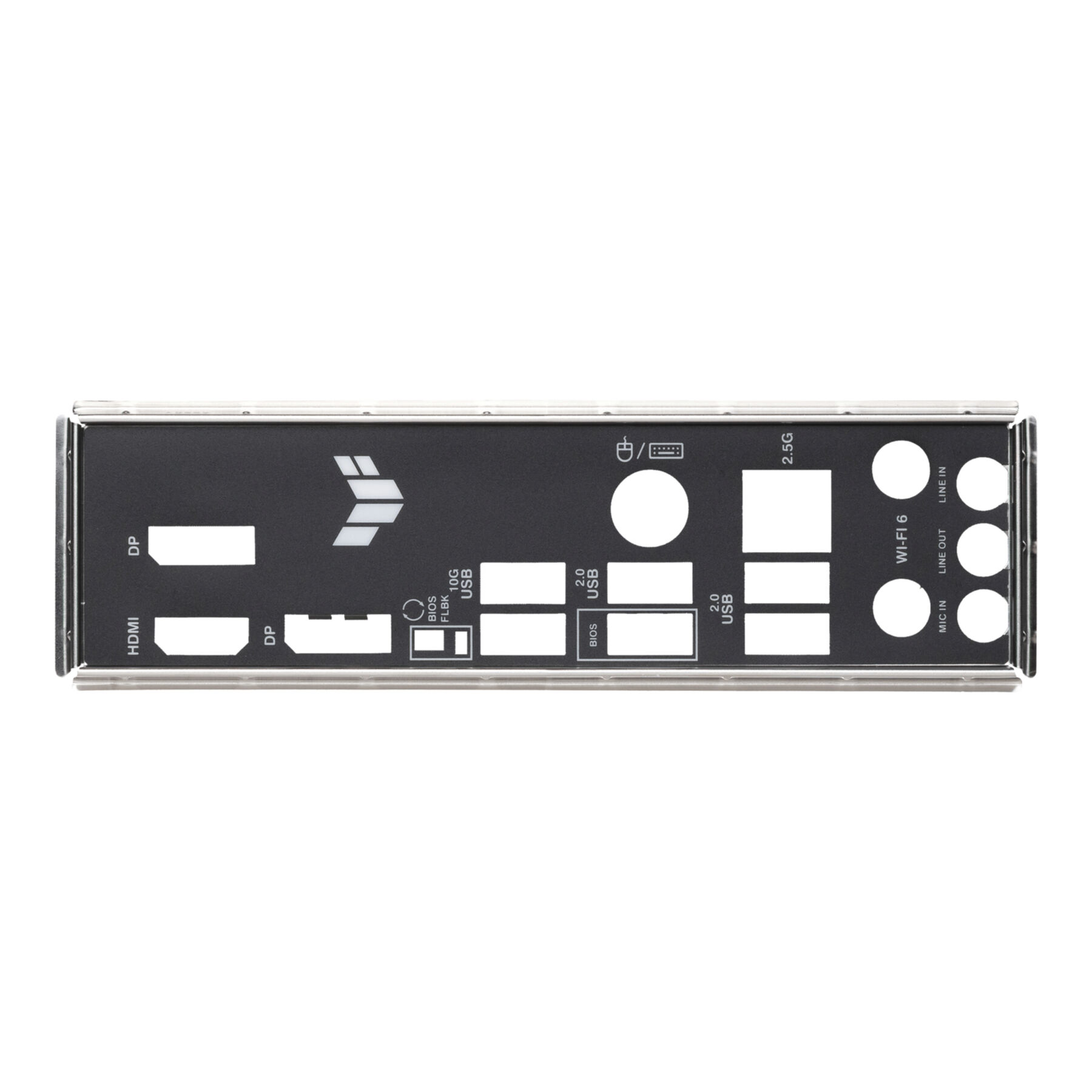 HDMI, DP, USB ve ses portları ile Wi-Fi 6'ya sahip anakart arka paneli. Beyaz etiketler ve metal çerçeveye sahip siyah panel.