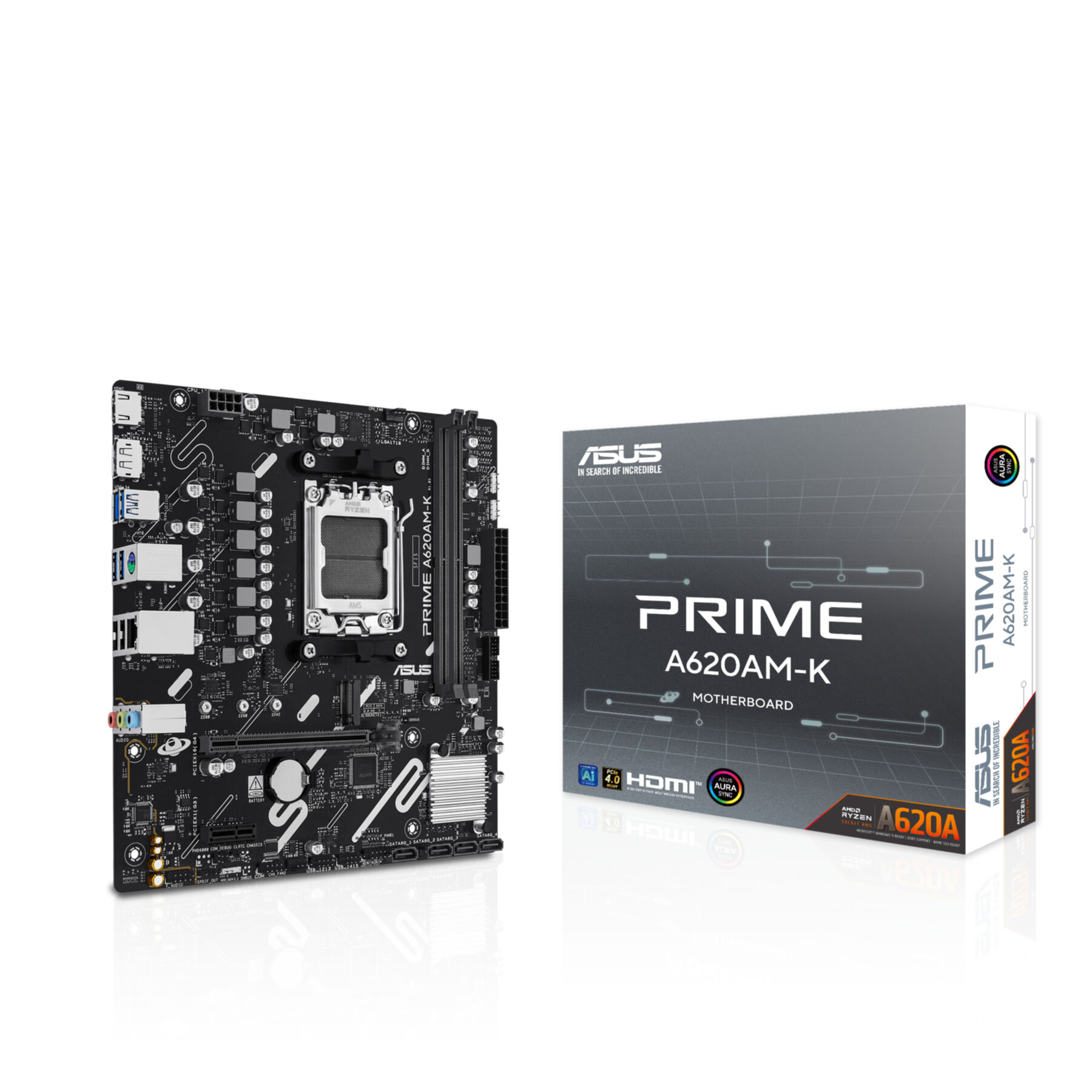 Siyah bir ASUS Prime A620AM-K anakartı ve kutusu beyaz bir yüzeyde duruyor. Kutunun üzerinde aynı isim yazıyor.