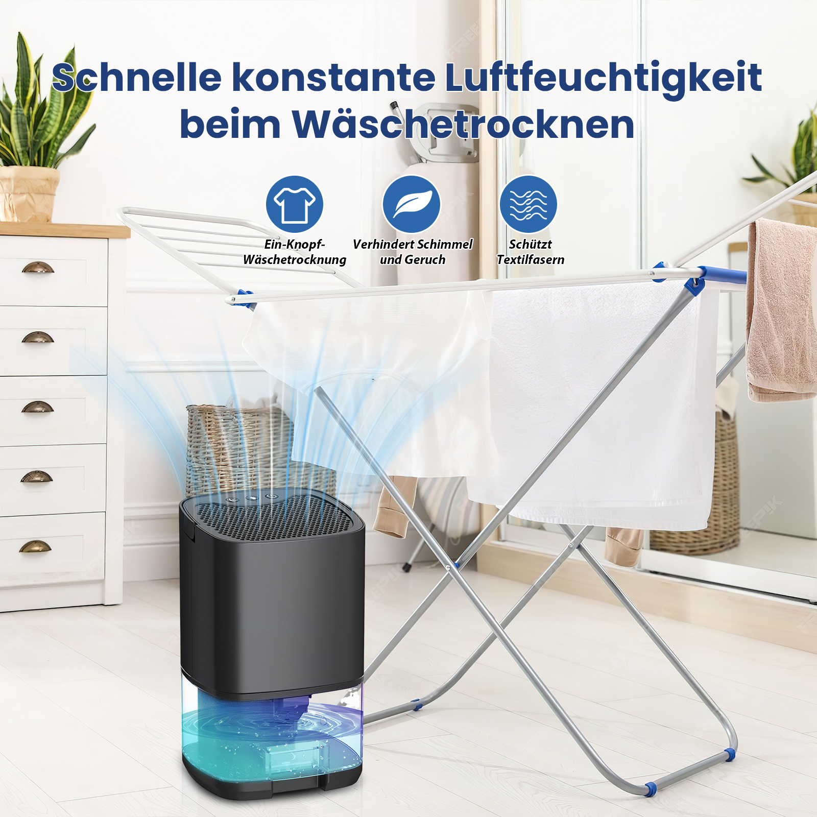 Ein Luftreiniger trocknet Kleidung auf einem Gestell. Der Text lautet: schnelle konstante Luftfeuchtigkeit beim Trocknen von Kleidung.