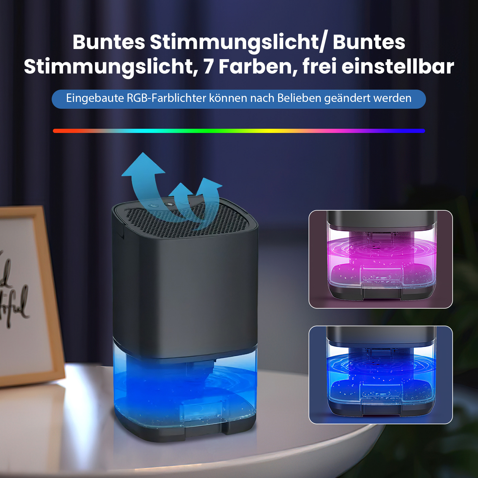 Schwarzer Luftreiniger mit blauem Licht. Er hat eine obere Entlüftung, Pfeile und Farboptionen. Text auf Deutsch.