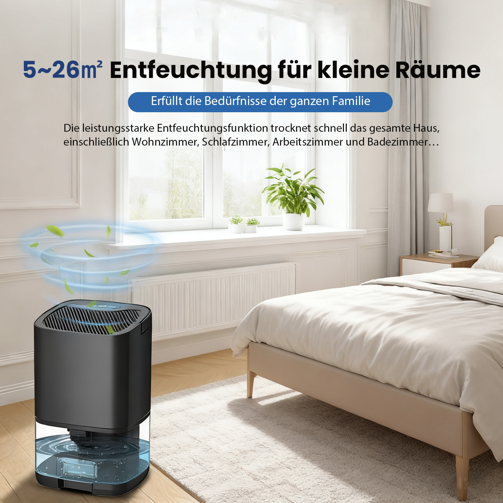 Ein schwarzer Luftentfeuchter in einem Schlafzimmer. Der Text lautet: 5-26m² Entfeuchtung für kleine Räume.