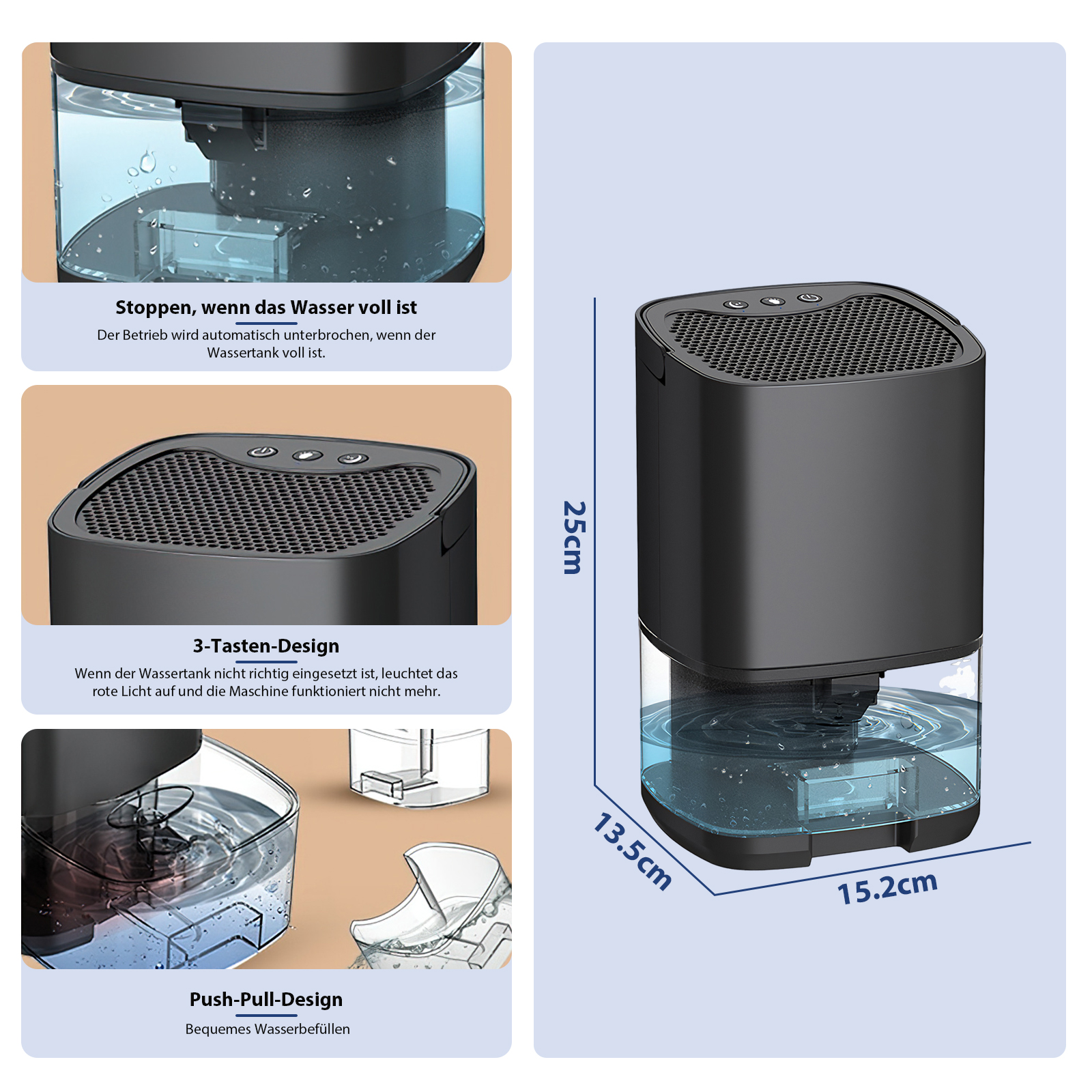 Schwarzer Luftentfeuchter mit Wassertank. Abmessungen: 25 cm hoch, 15,2 cm breit, 13,5 cm tief. Merkmale: Push-Pull-Design.