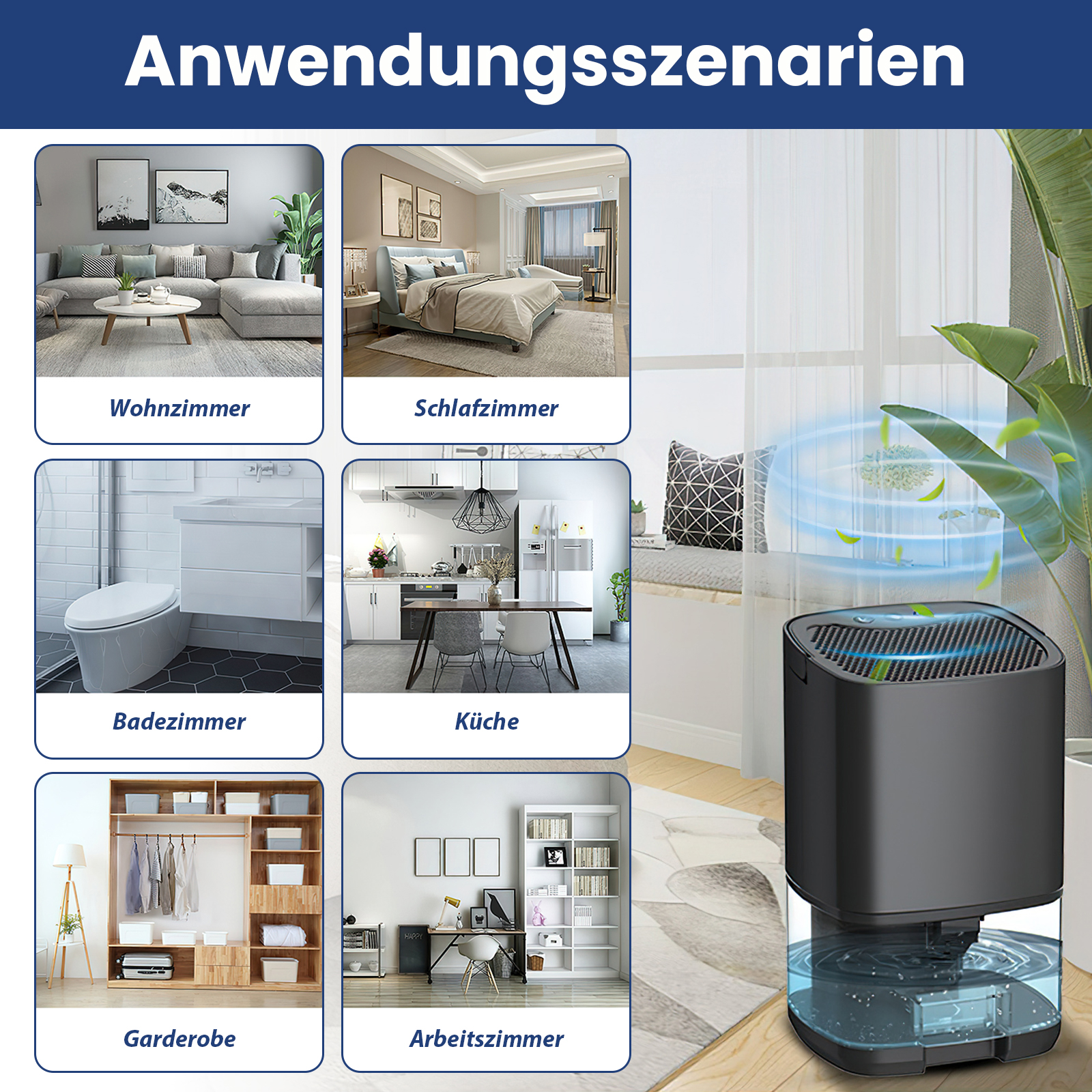 Ein Bild zeigt einen Luftentfeuchter und sechs Raumszenen: Wohnzimmer, Schlafzimmer, Badezimmer, Küche, Kleiderschrank und Büro.