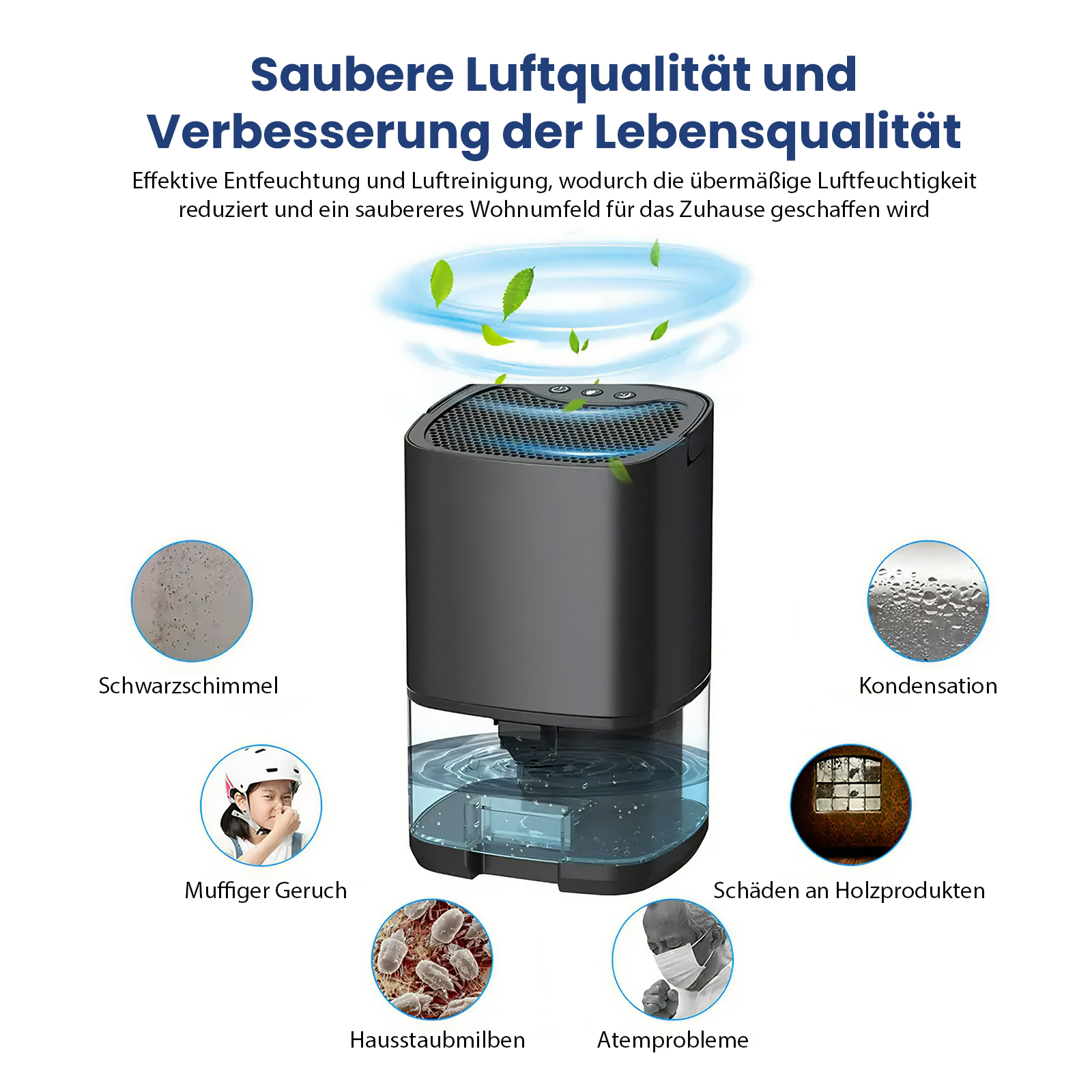 Luftentfeuchter mit Text über saubere Luft und Bildern von Schimmel, Kondensation und verwandten Problemen.