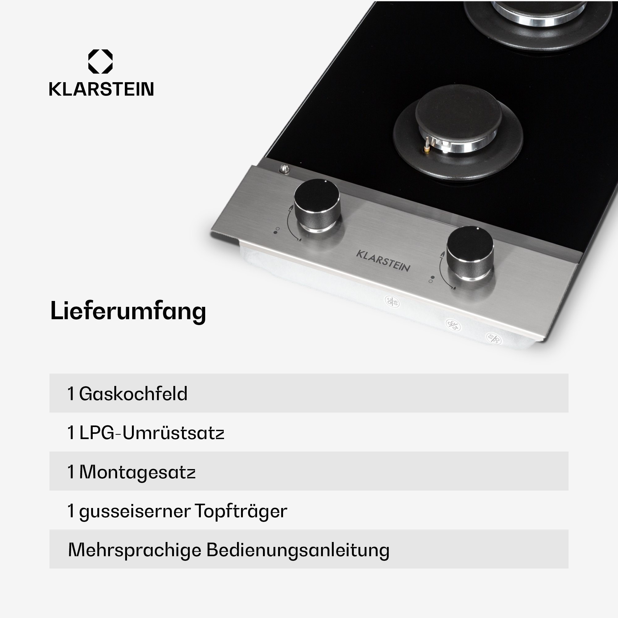 Ein schwarzes Gaskochfeld mit Edelstahlakzenten und Bedienknöpfen. Enthält eine Liste der enthaltenen Artikel.