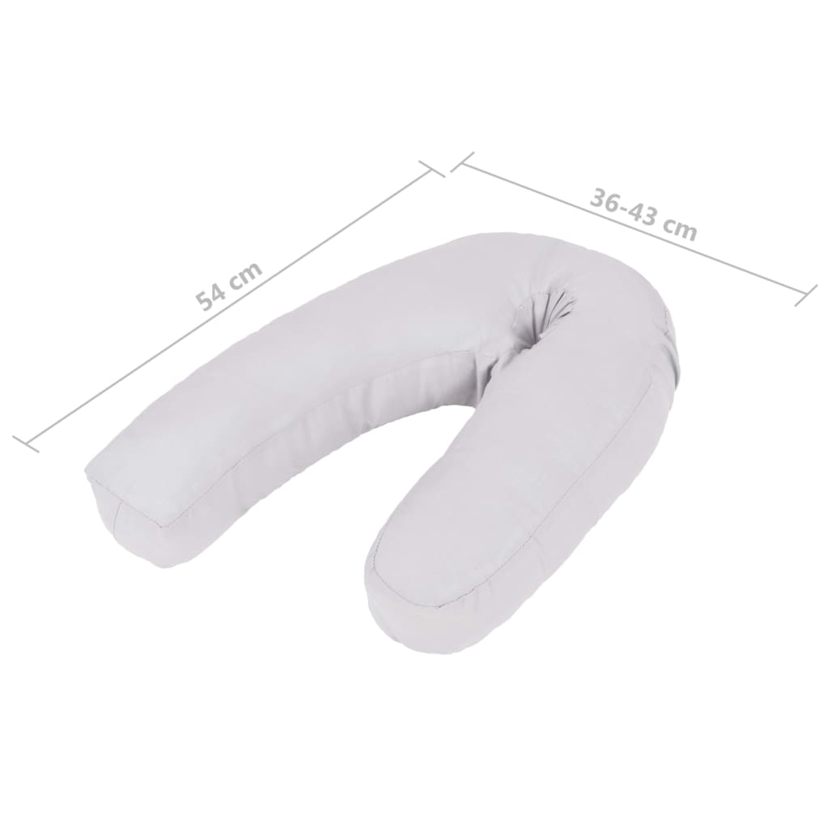 Ein hellgraues U-förmiges Kissen mit den Maßen 54 cm und 36-43 cm auf weißem Hintergrund.