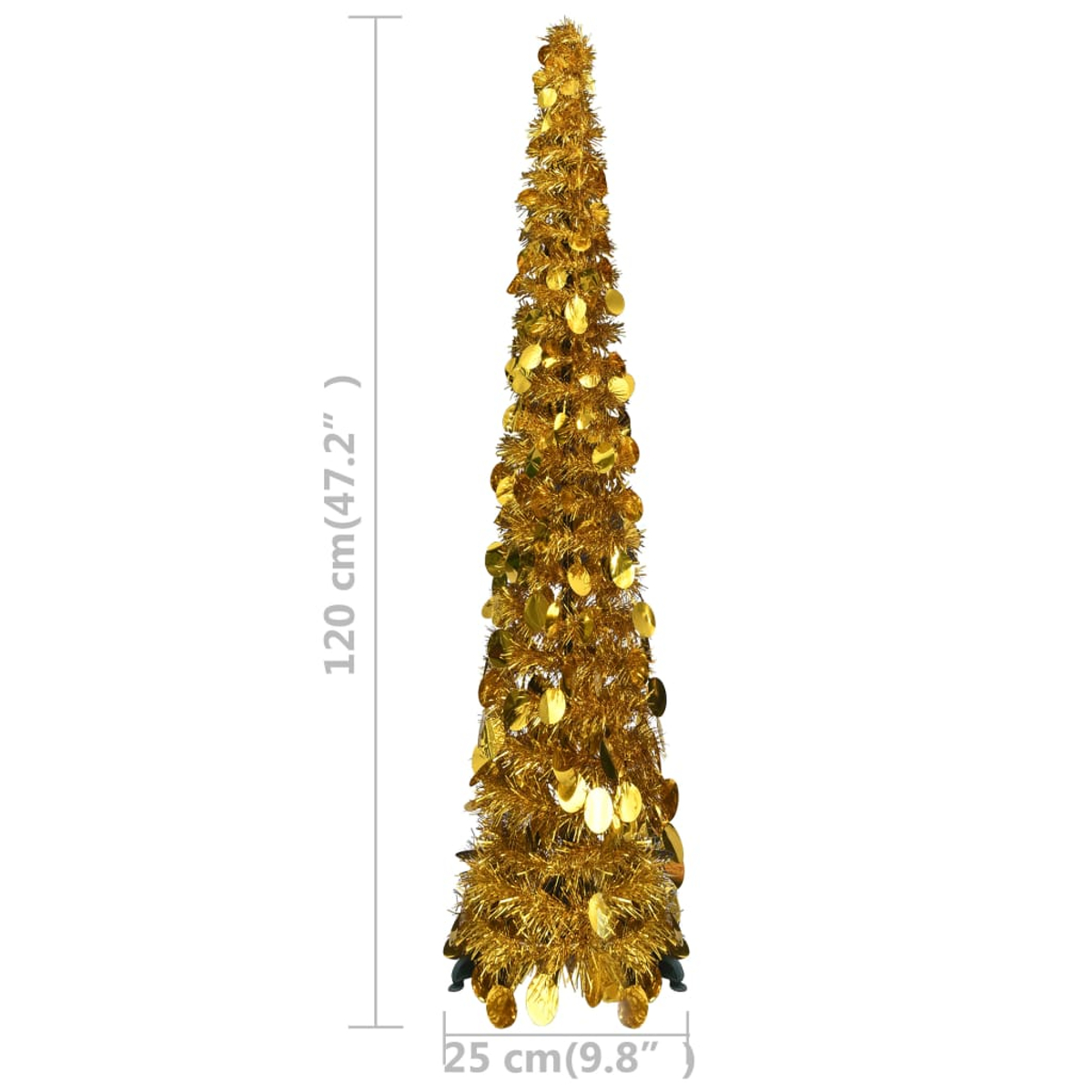 Ein goldener Lametta-Weihnachtsbaum mit Pailletten, 120 cm hoch und 25 cm breit. Er steht vor weißem Hintergrund.