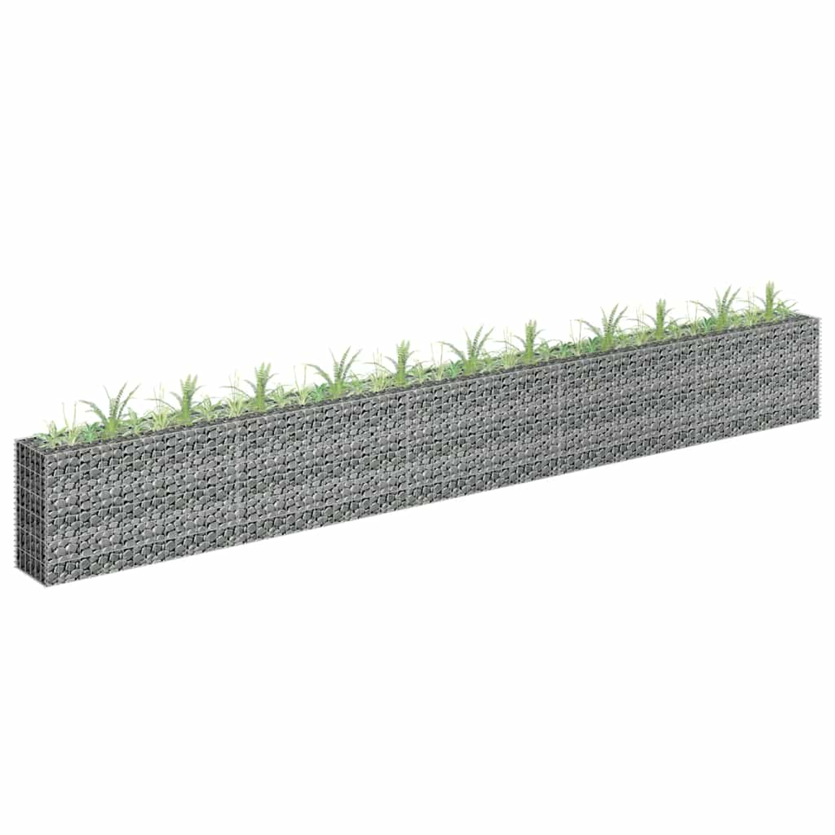 Ein rechteckiger Gabionenpflanzer, gefüllt mit grauen Steinen, mit grünem Gras. Der Hintergrund ist schlicht weiß.