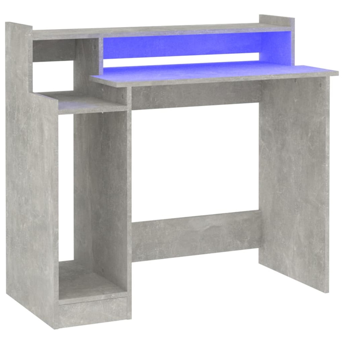 Ein grauer Computertisch mit einem blau beleuchteten Regal und offenen Fächern. Er hat ein modernes Design, das sich für ein Home-Office eignet.