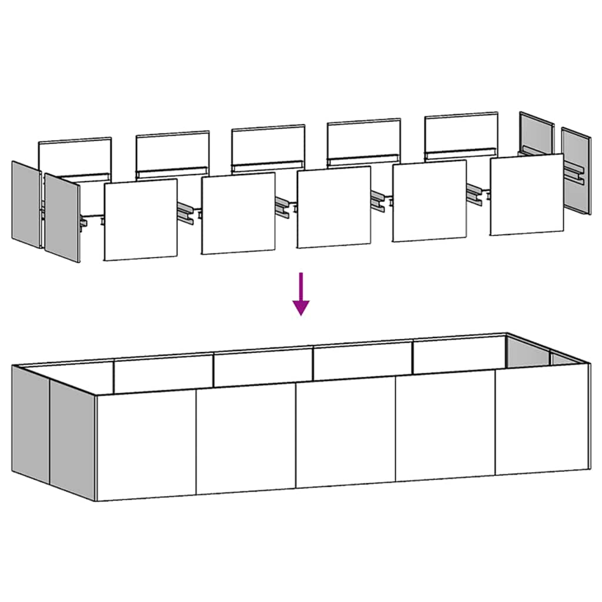 Diagramm zur Montage. Oben: Paneele und Verbinder. Unten: montierte rechteckige Struktur. Pfeil zeigt die Montage Richtung.