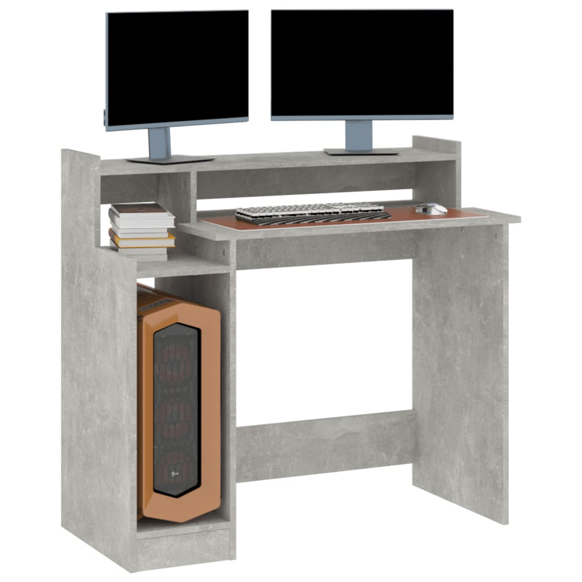 Computertisch mit zwei Monitoren, Tastatur und einem Computergehäuse. Er hat eine graue Betonoptik.
