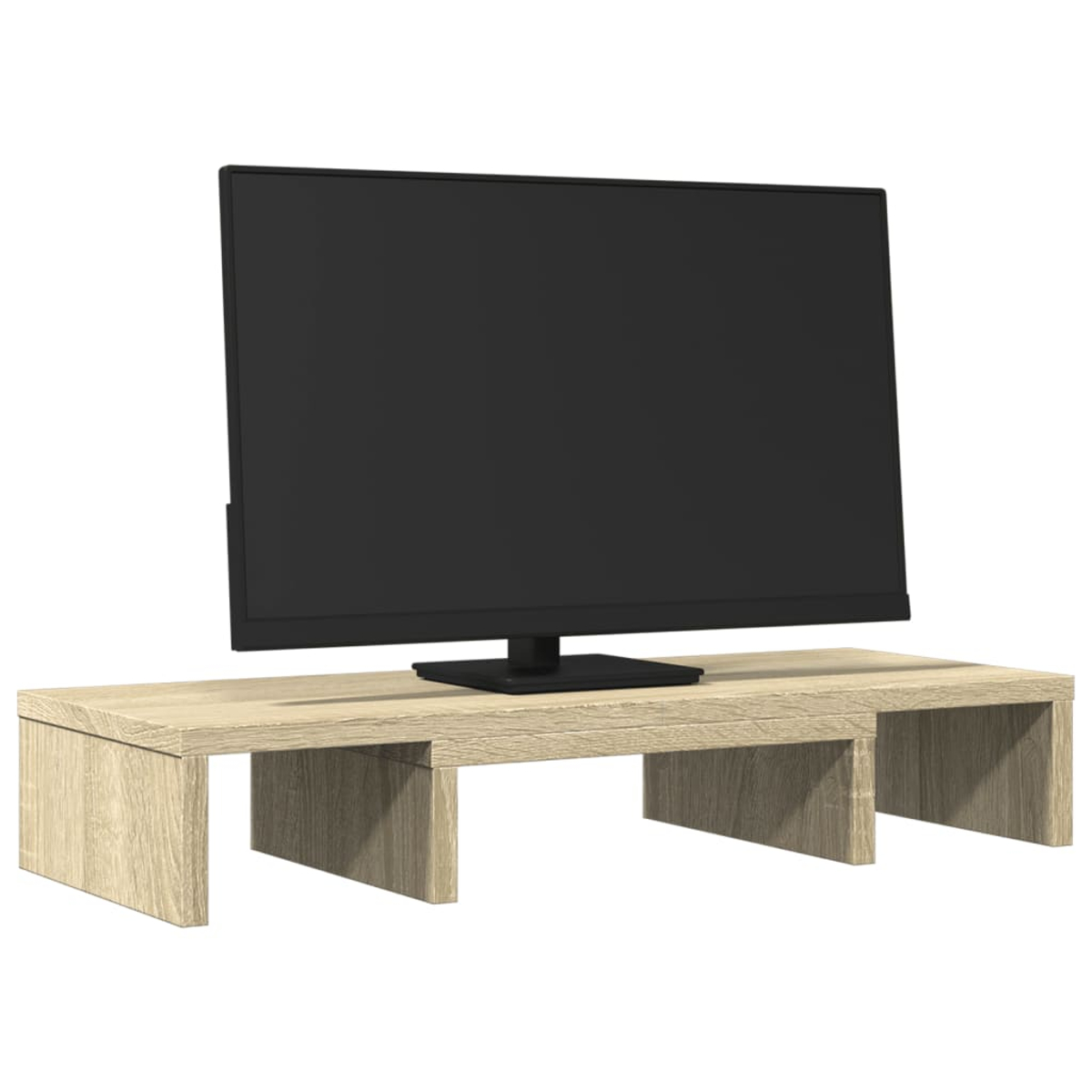 Ein schwarzer Monitor steht auf einem hellbraunen TV-Ständer aus Holz. Der Ständer hat eine rechteckige Form mit drei Abschnitten.