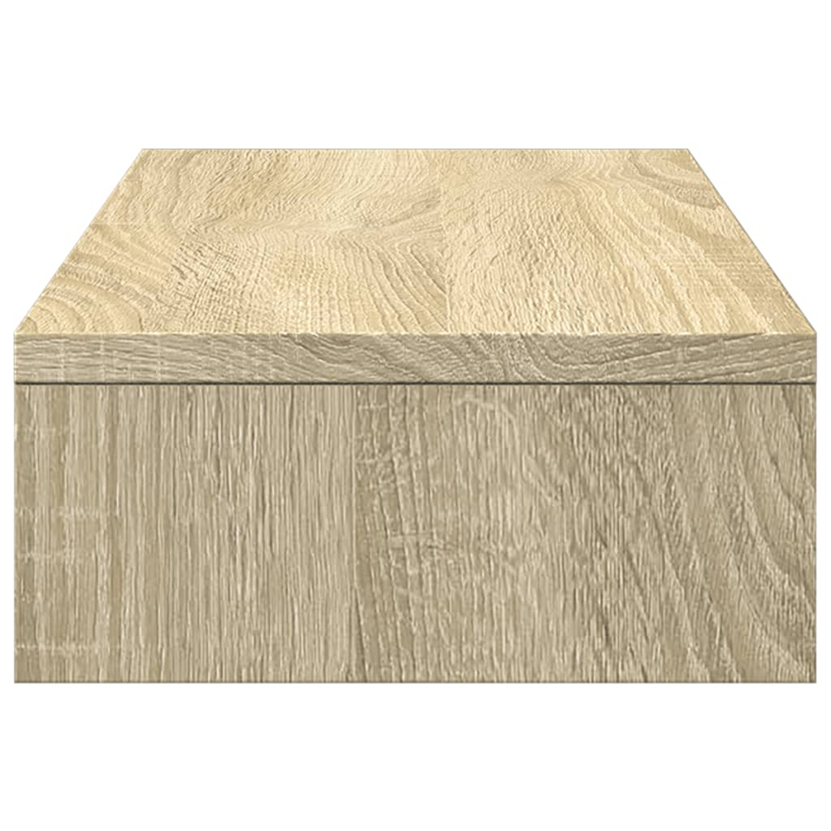 Nahaufnahme eines Holzregals mit sichtbarer Holzmaserung. Die Oberseite ist heller, die Vorderseite dunkler.