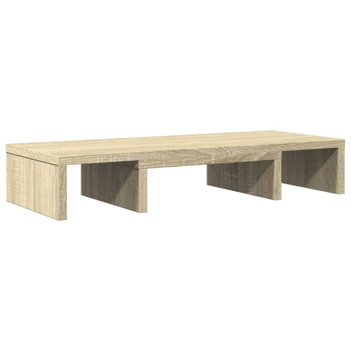 Ein hellbrauner Monitorständer aus Holz. Er hat eine rechteckige Oberseite, die von drei kurzen, rechteckigen Beinen getragen wird.