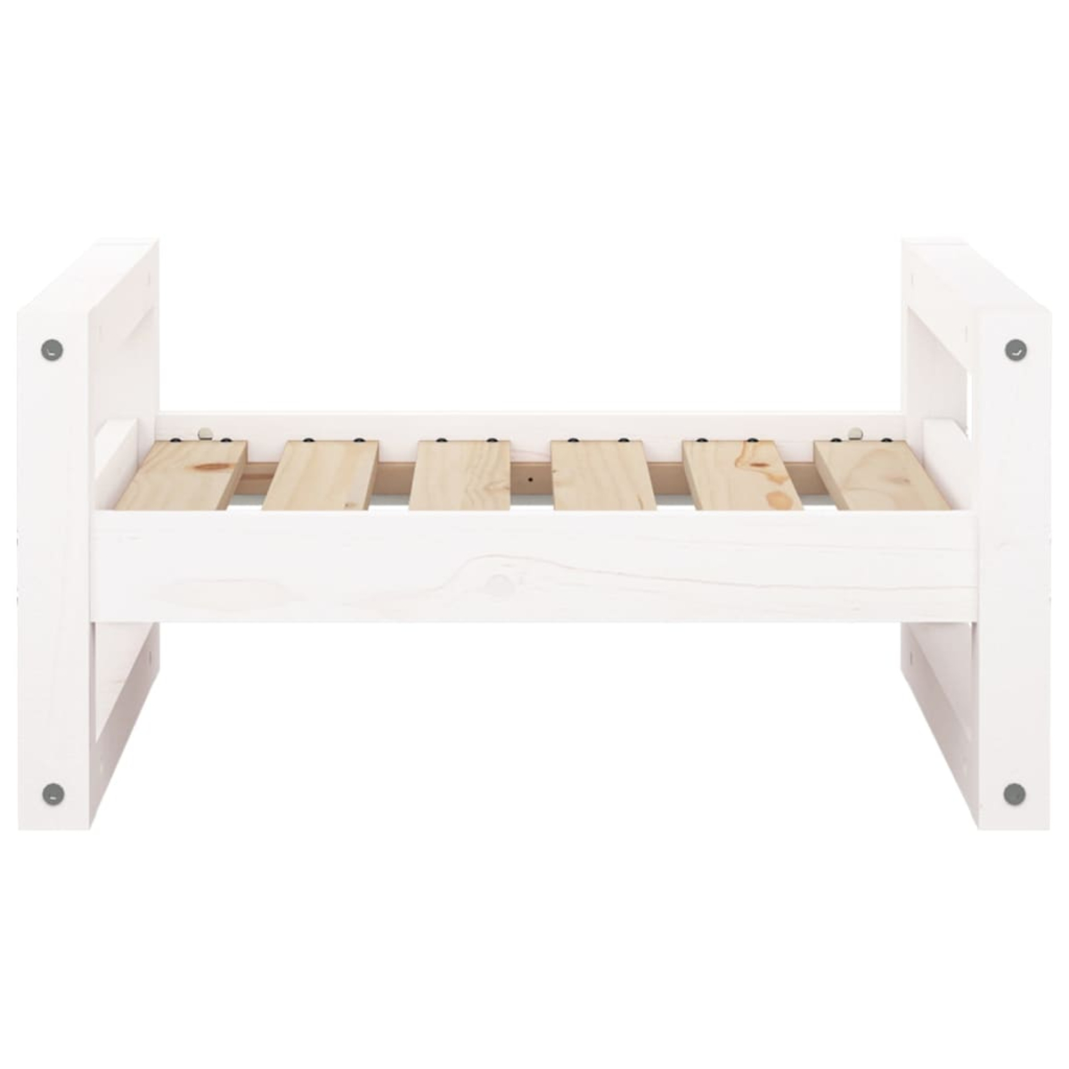 Ein weißer Holzbettenrahmen wird gezeigt. Es hat eine Lattenrostbasis aus hellem Holz. Der Rahmen ist rechteckig, mit einem einfachen Design.